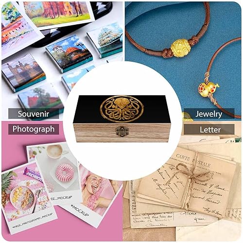 Miniatura 5 de Cthulhu - Caja de almacenamiento de madera organizadora con tapa con bisagras y cierre frontal para decoración del hogar