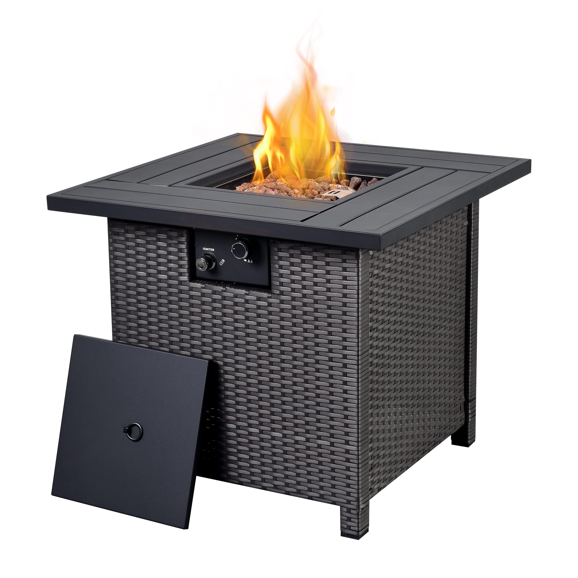 Astopix 28 inch Wicker Fire Table, 50,000 BTU Propane Fire Pit Table with Lid and Lava Rock, Steel Outdoor Gas Firepit Table for Patio, Backyard, Black
