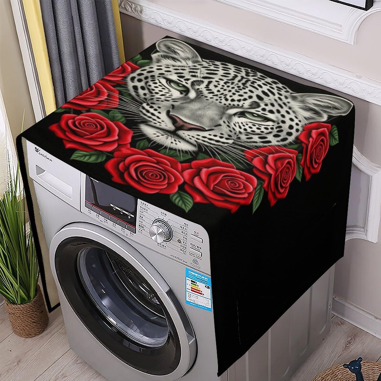 Fodpand White Washing Machine Cover For Top Load Dustproof Red Rose Cheetah Washer And Dryer Cover With Storage Pockets Household Appliance Covers Washable Top Protector Mat Pad For Laundry & Kitchen