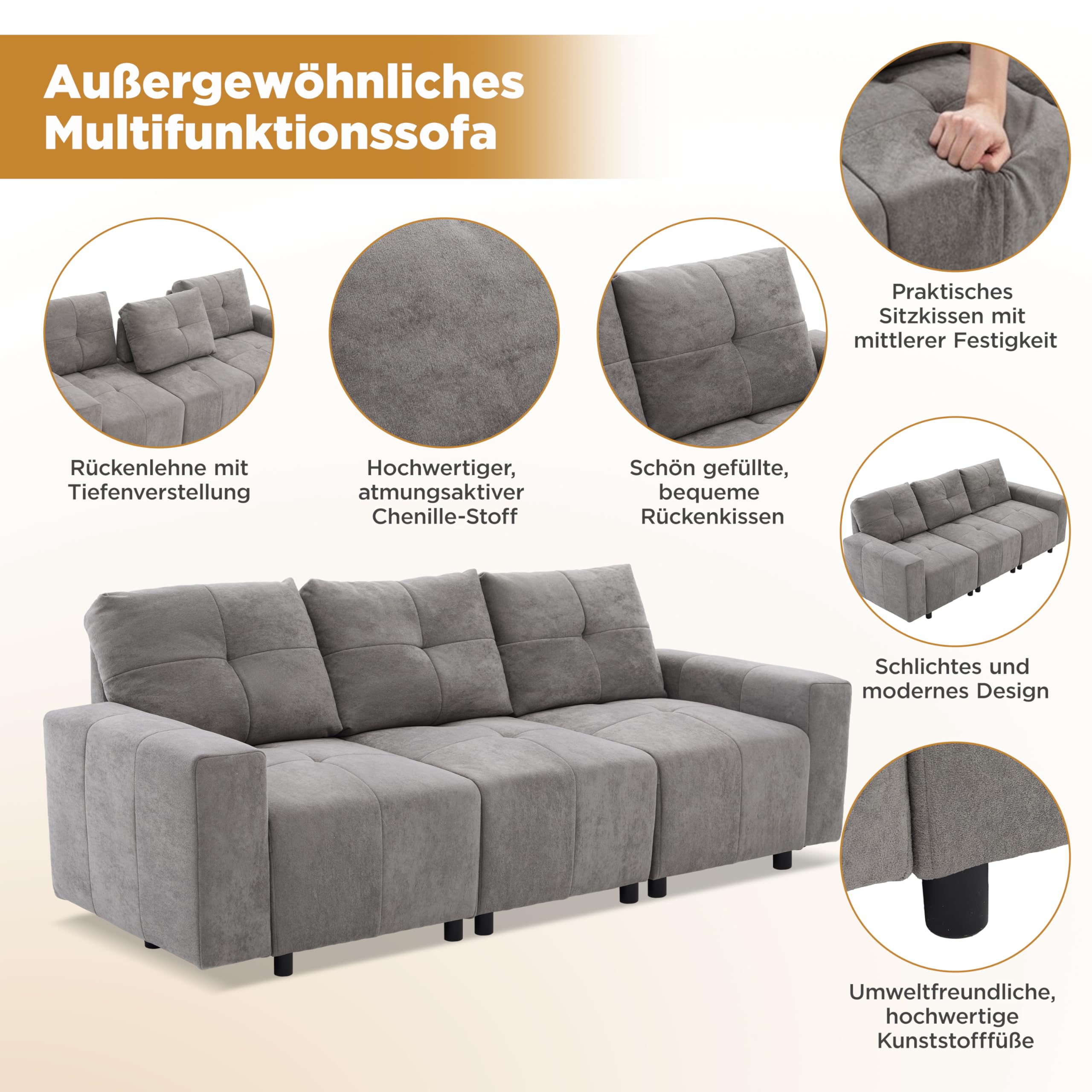 Merax 3-Sitzer Schlafsofa mit Verstellbarer Sitztiefe, multifunktionales Sofa mit Liegefläche & Gästebett, Chenille-Stoff, robuster Massivholzrahmen, gerades Kompaktdesign, Grau