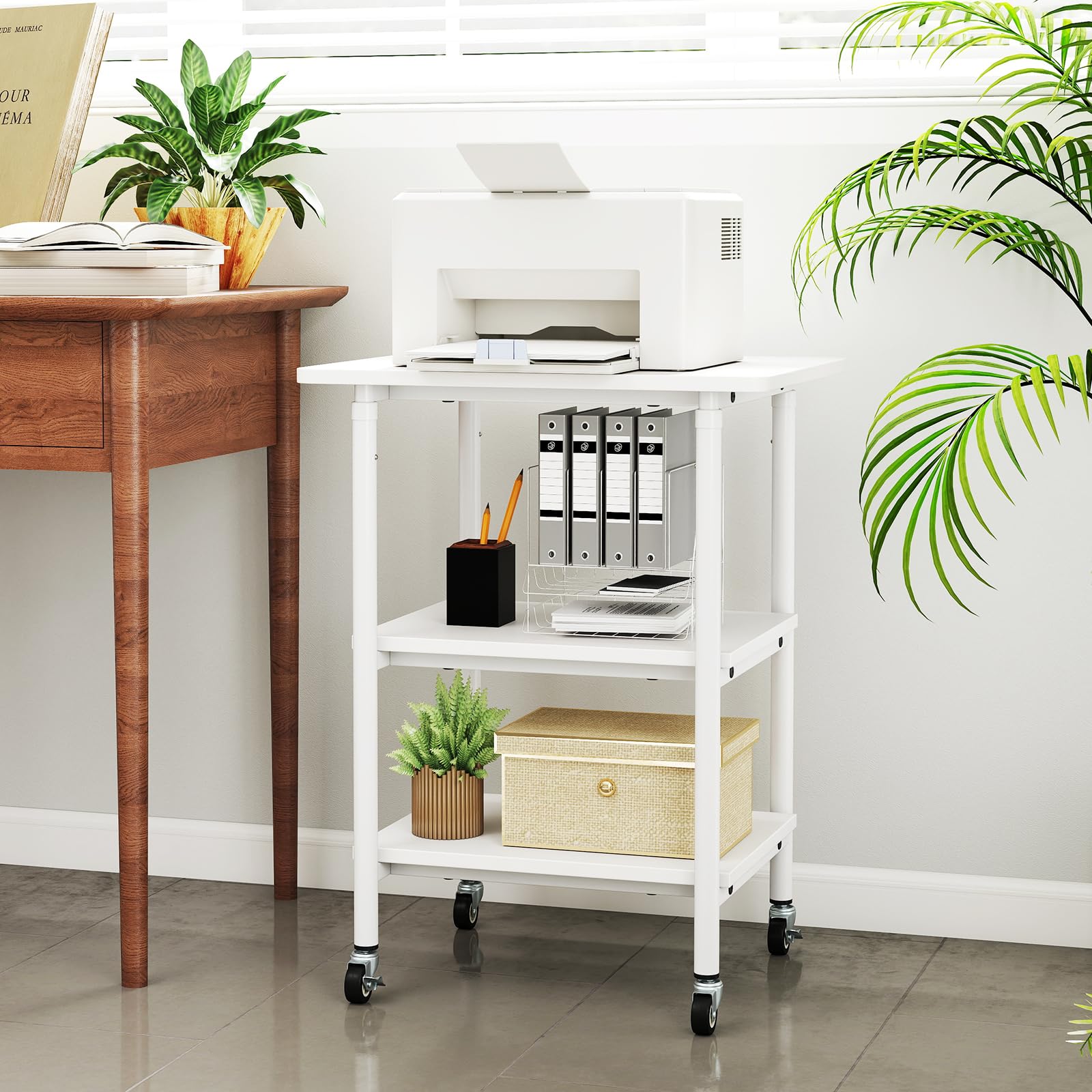 COSTWAY 3-stufiger Druckerständer höhenverstellbar, Druckerwagen mit Ablageflächen & Rollen, Aufbewahrungswagen mobil, Maschinenständer für 3D-Drucker, Faxgerät 49 x 40 x 77 cm (Weiß)