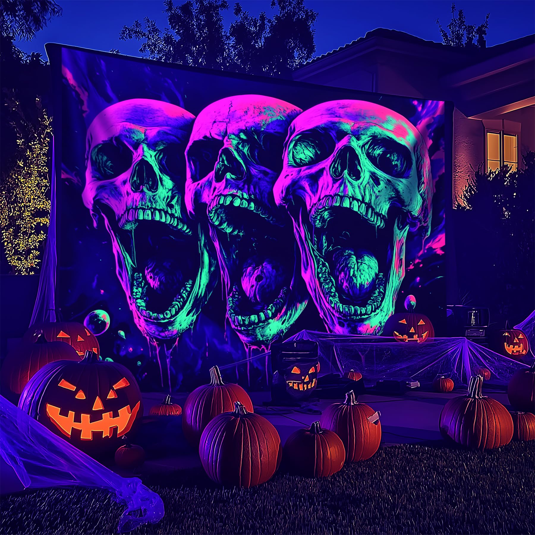 NYZE Halloween Blacklight Tapestry, UV Reactive Wall Decor 90" x 70"