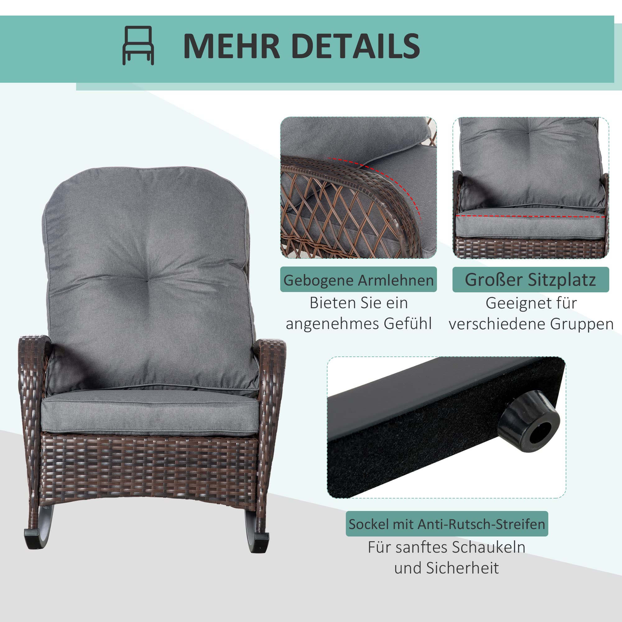 Outsunny Poly Rattan Schaukelstuhl Schaukelsessel Gartenstuhl mit Kissen Loungemöbel Gartenmöbel Terrassenmöbel Braun 75 x 98 x 91 cm