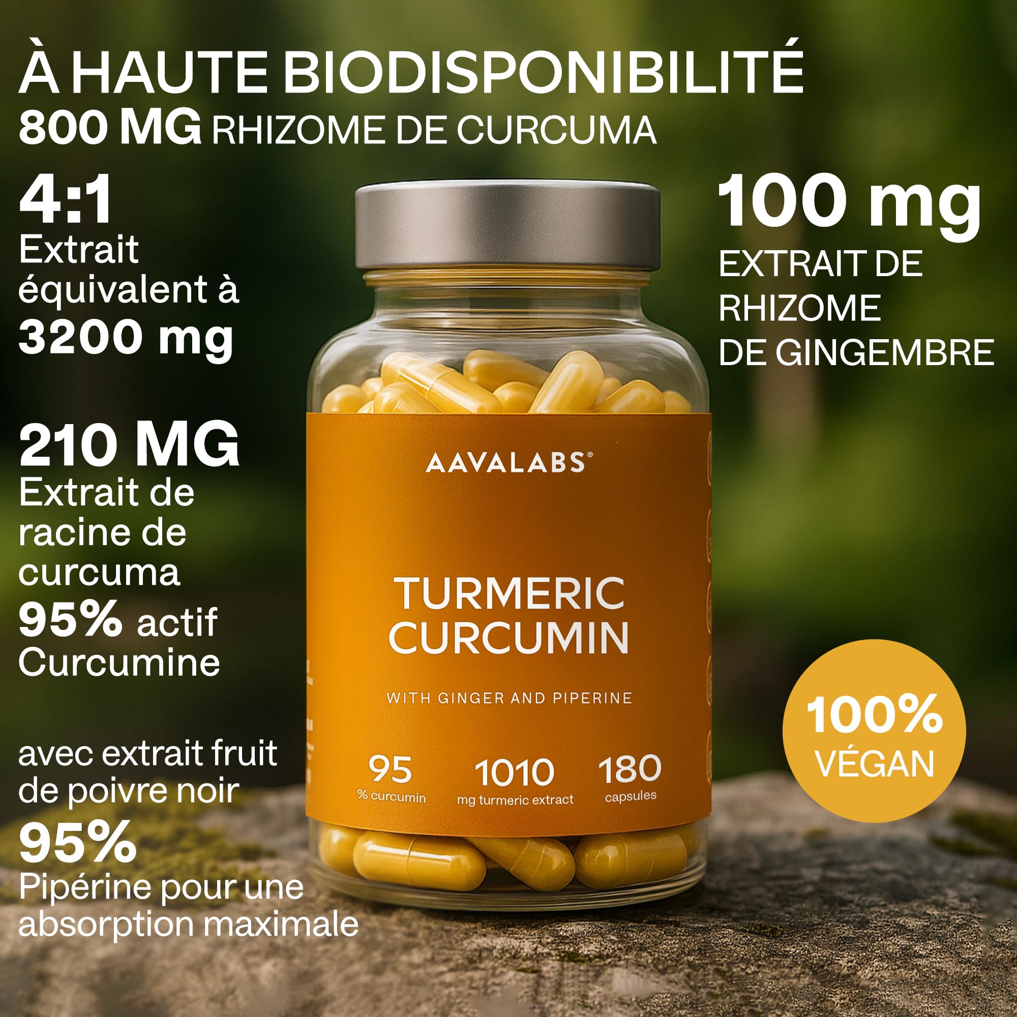 Curcumine Curcuma Gingembre Poivre Noir - Extrait de Curcuma, Piperine, Gingembre Gelule avec 95% de Curcumin et Pipérine - Turmeric Curcumin Vegan et sans OGM - 180 gélules