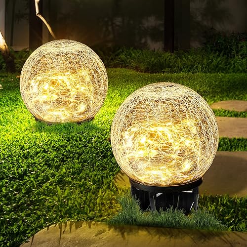 Hbaushun Paquete de 2 luces solares de jardín, impermeables, 30 LED de vidrio agrietado, bola de vidrio agrietado, luces de suelo para camino,