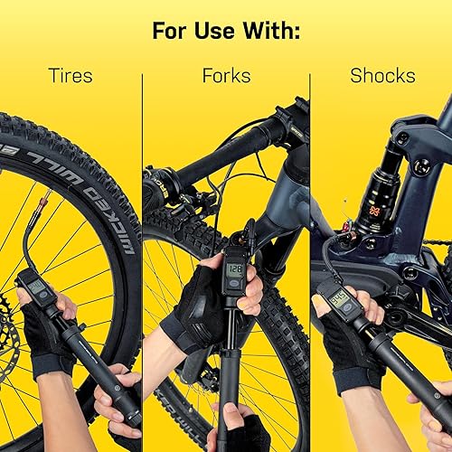 Miniatura 5 de Mountain Digital 2Stage, neumático 2 en 1 y mini bomba de choque con medidor digital de 300 PSI20.7 bar, manguera trenzada, cabezal Pressure-Rite