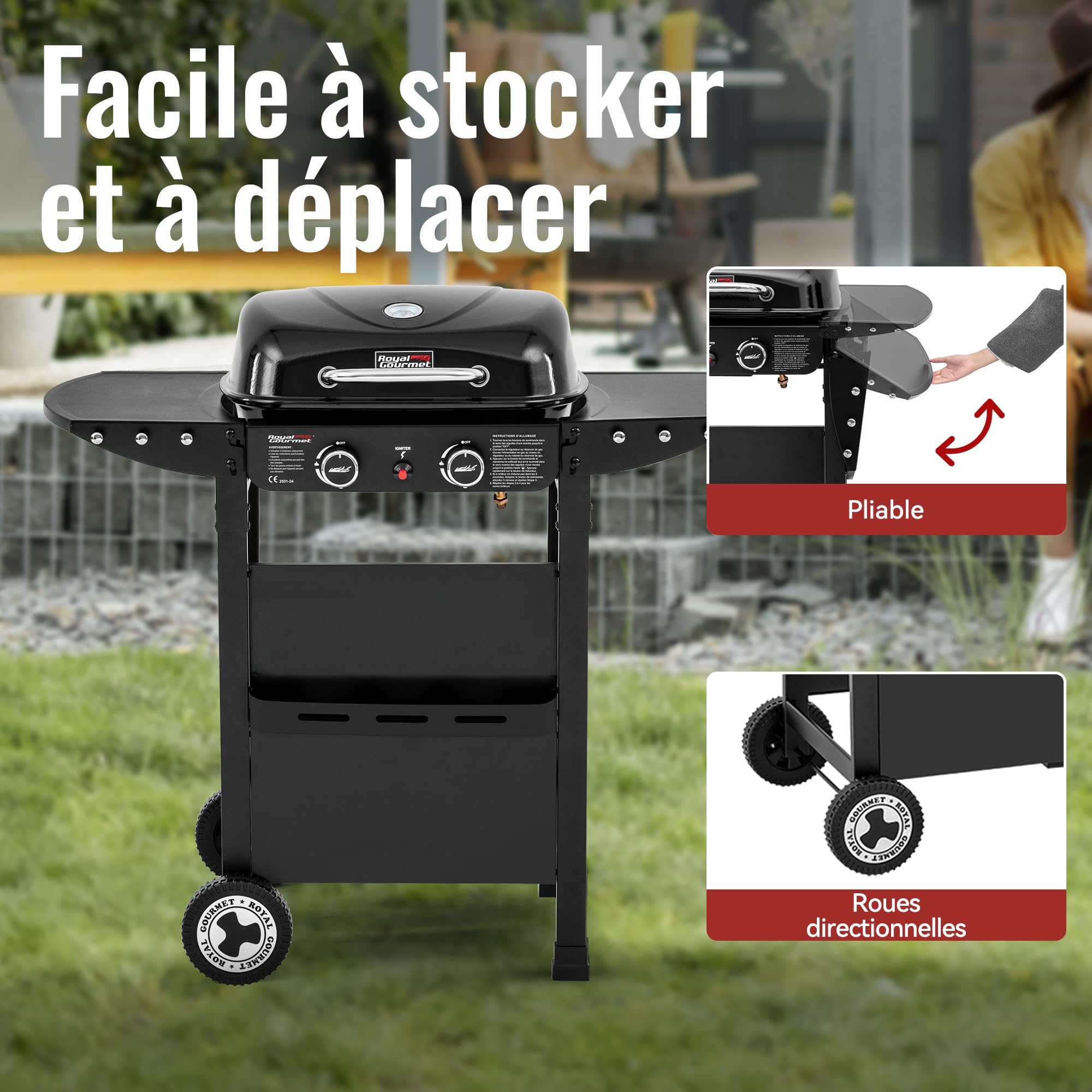 Royal Gourmet 2 Brûleurs Barbecue Gaz sur Chariot, 2 en 1 Plaque et Grille Combinés avec Tables Latérales Pliables et Couvercle, Puissance 5kW, Adapté pour Jardin et Camping, Noir