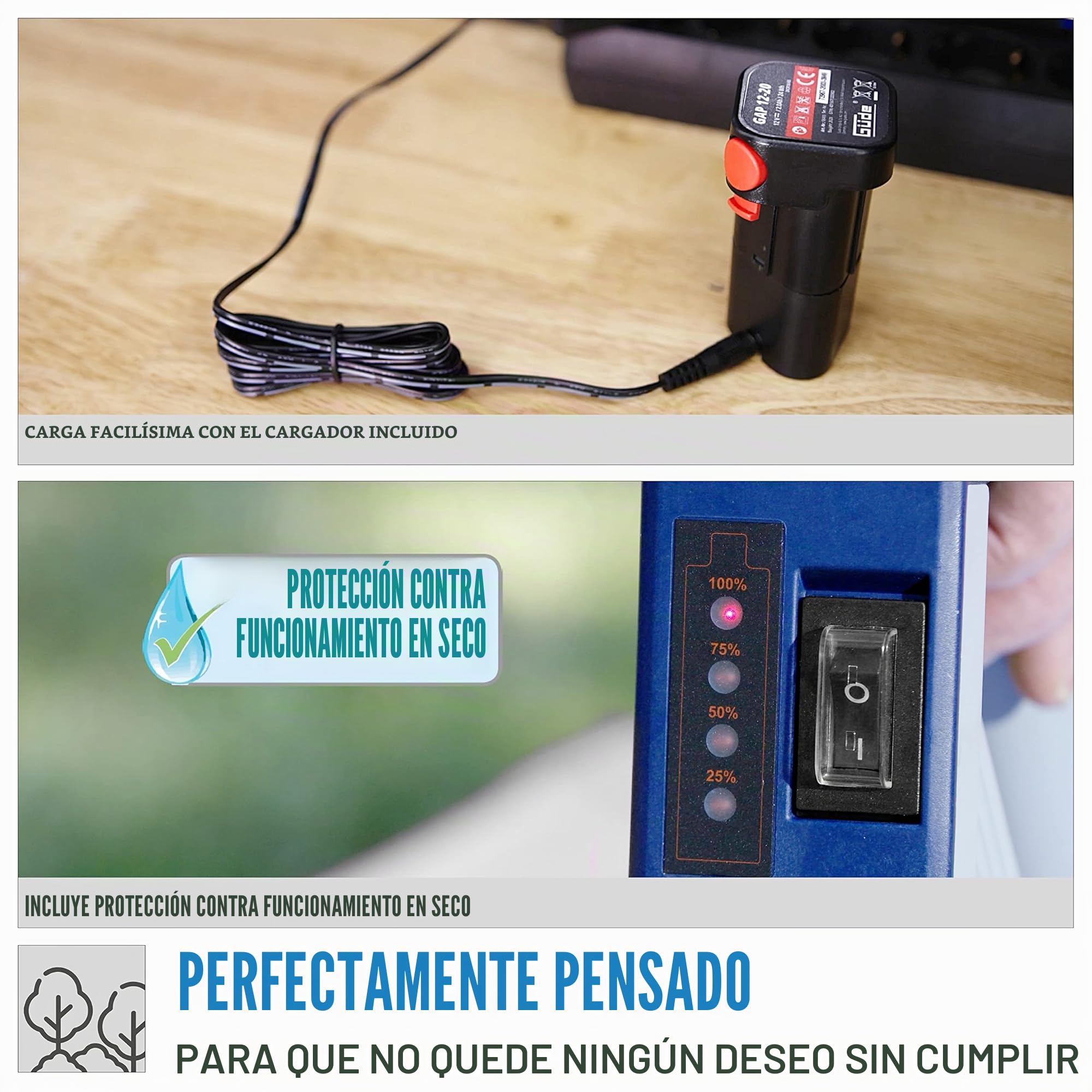 Güde RFP 12-201-04 - Bomba de barril de lluvia con batería (12 V, 1500 l/h, prueba buena, protección contra marcha en seco, altura de extracción de 11 m, tamaño máximo de grano 0,5 mm, válvula de