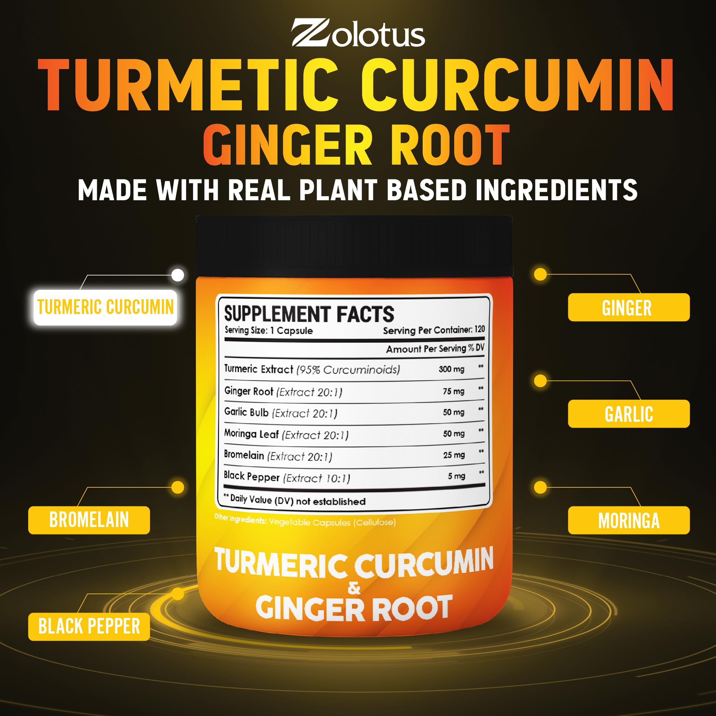 6 in 1 Turmeric Curcumin + Ginger Capsules, 95% Curcuminoids with Ginger, Garlic Bulb, Bromelain, Moringa, Black Pepper - 120 Capsules — Amazon image 4