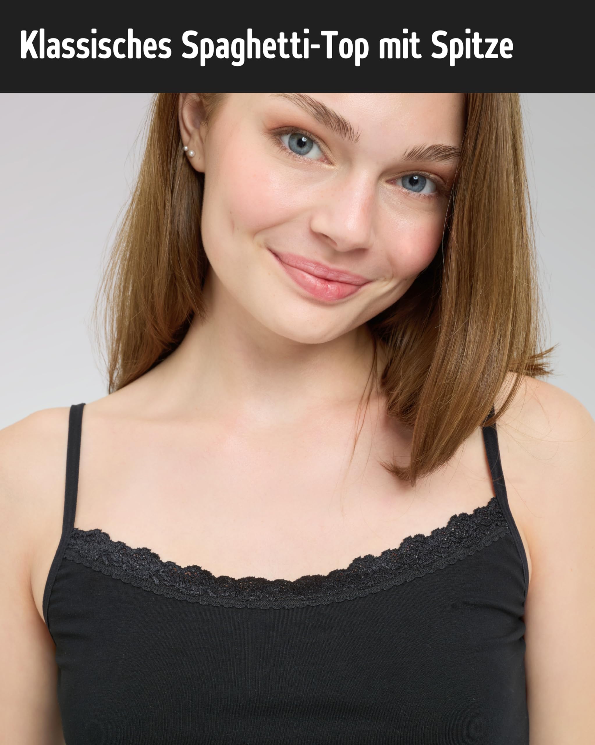 Damen Spaghetti Top mit Spitze aus Bio-Baumwolle 3er Pack – Körperbetonte Passform – Hochwertige Unterhemden mit klassischen Trägern (Gr. S–2XL)