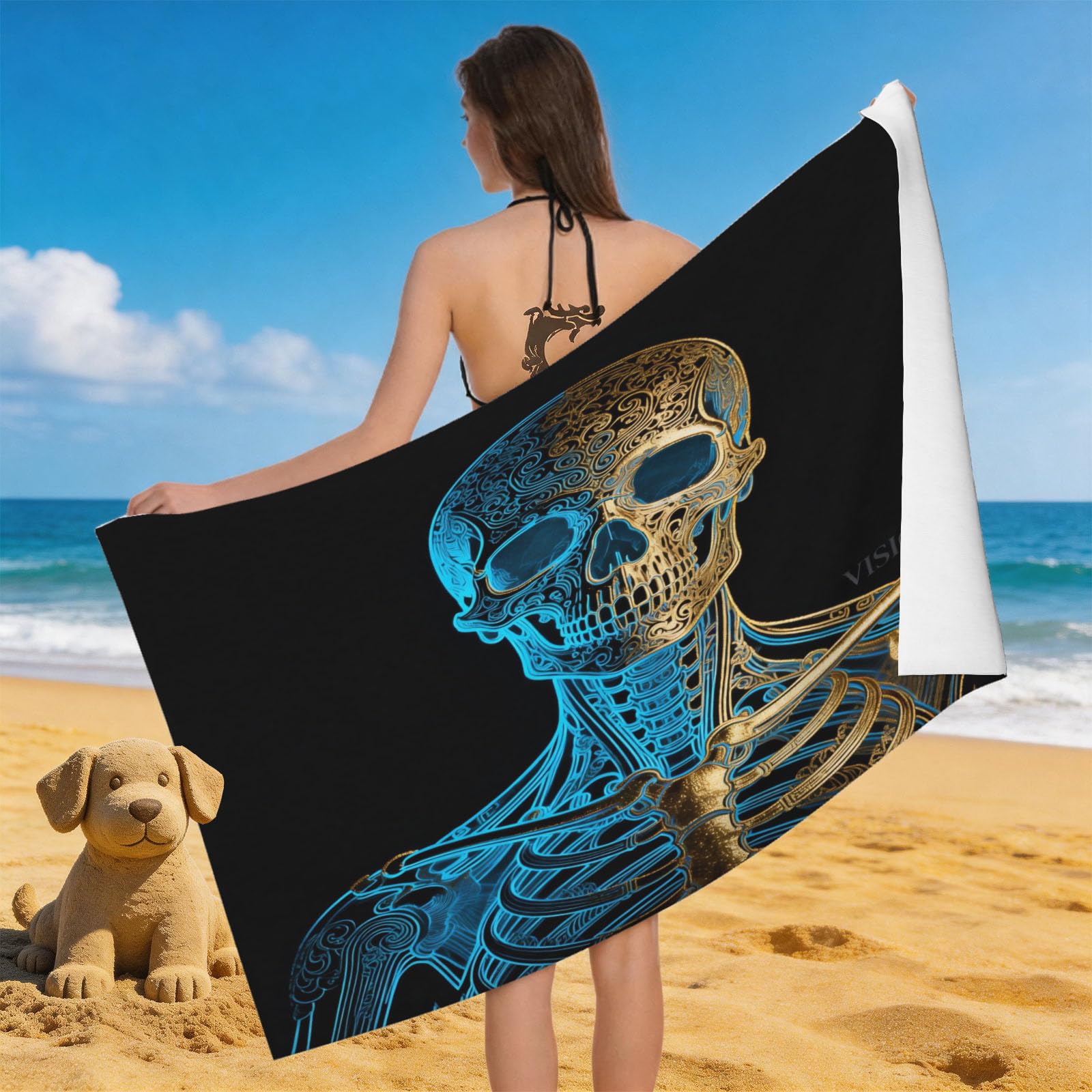 Leichong 3D Skull Beach Towel Microfiber Soft Quick Dry for Adults, Cool Bath Towel Lightweight Soft Absorbent for Travel Swimming Pool Sports, 75 x 150 cm