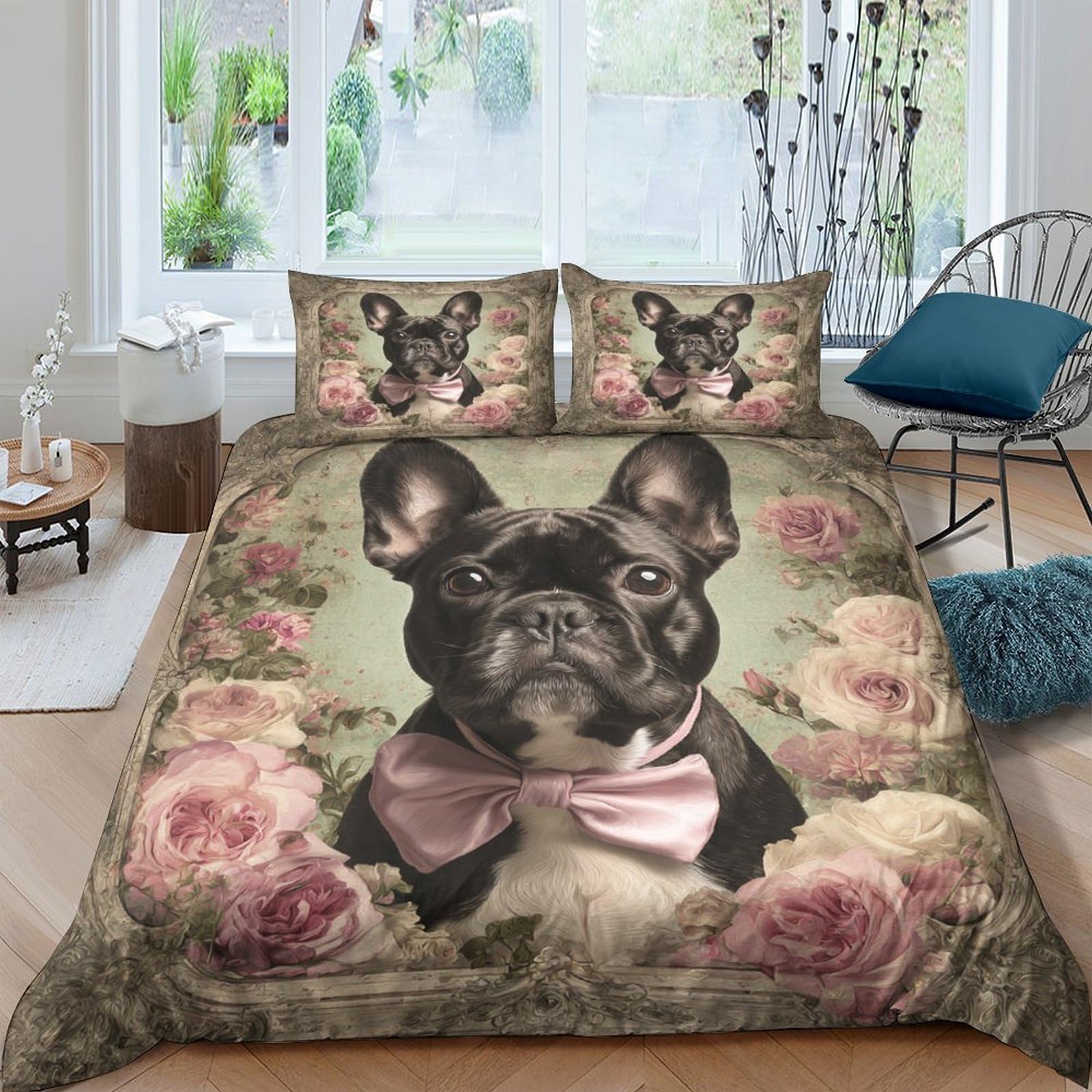 Ctjqhvkz Style-6 3D Printed French Bulldog Floral Fitted Sheet Microfiber Soft Breathable Pink Bow Bed Cover For Bedroom Guestroom Mattress Protection Single（135X200cm）