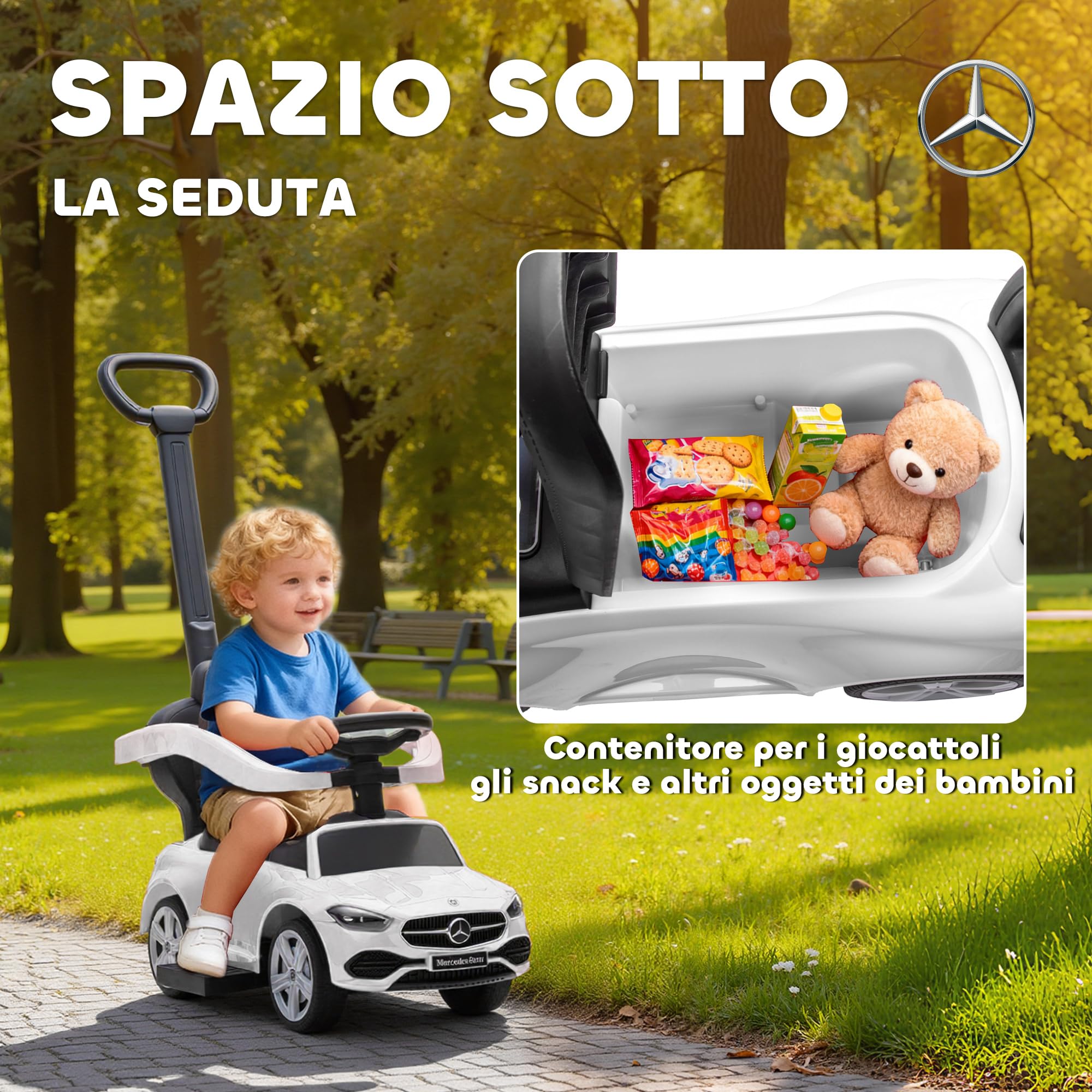 AIYAPLAY Macchina Primi Passi Cavalcabile per Bambini 1-3 Anni Convertibile in Passeggino con Maniglione, Barriera a 360° e Volante, Auto Cavalcabile in PP e Acciaio, 91x40x83 cm, Bianco
