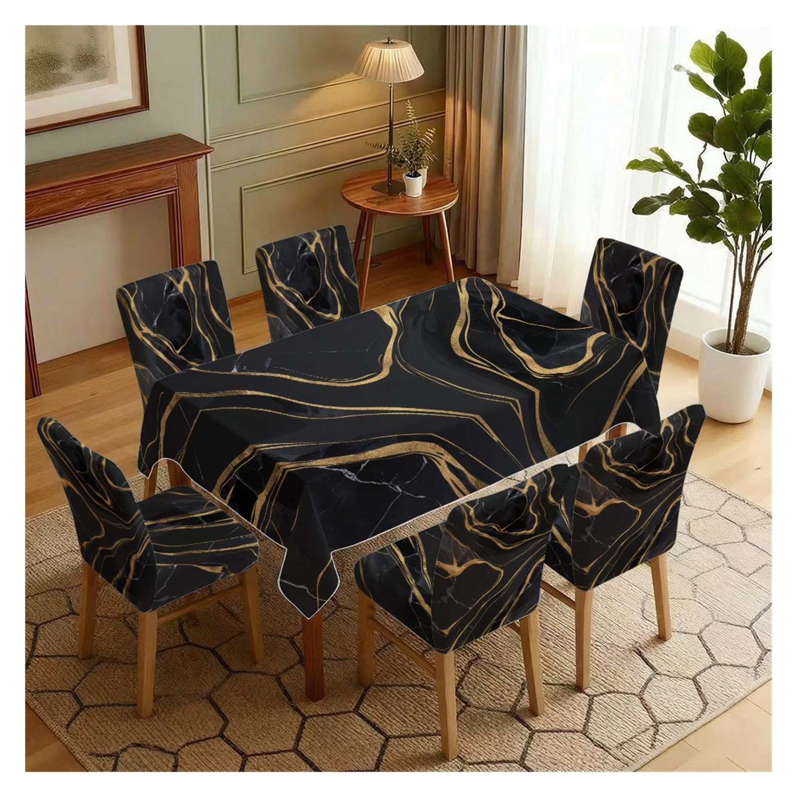 BOSUYBN Black Gold Marble Dining Tablecloth & Chair Covers Set, 5/7 Piece Modern Luxury Abstract Fluid Print Slipcovers For Chic Home Decor Table Setting(7pcs Set: Tablecloth+Chair Covers)