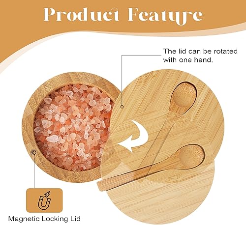 Miniatura 4 de Beardo - Sal de bambú con tapa y cuchara, caja de sal negra, fácil de distinguir las especias en el tazón, recipiente de sal con tapa giratoria