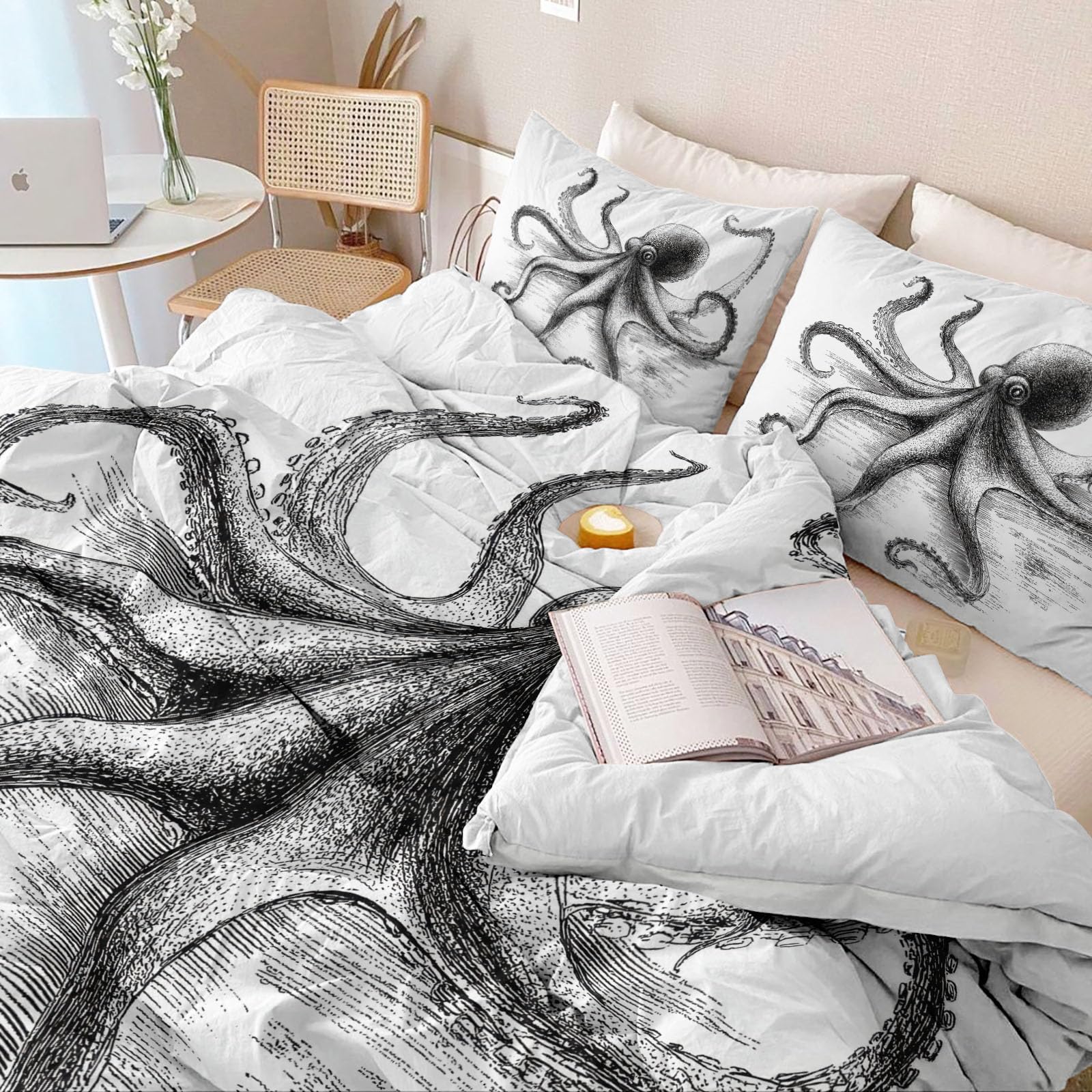 Biała, oddychająca poszewka na kołdrę, 230 x 220 cm, tajemnicze zwierzę morskie, ośmiornica, miękka, łatwa w pielęgnacji, z mikrofibry, portret zwierzęcy, zestaw pościeli z zamkiem błyskawicznym i