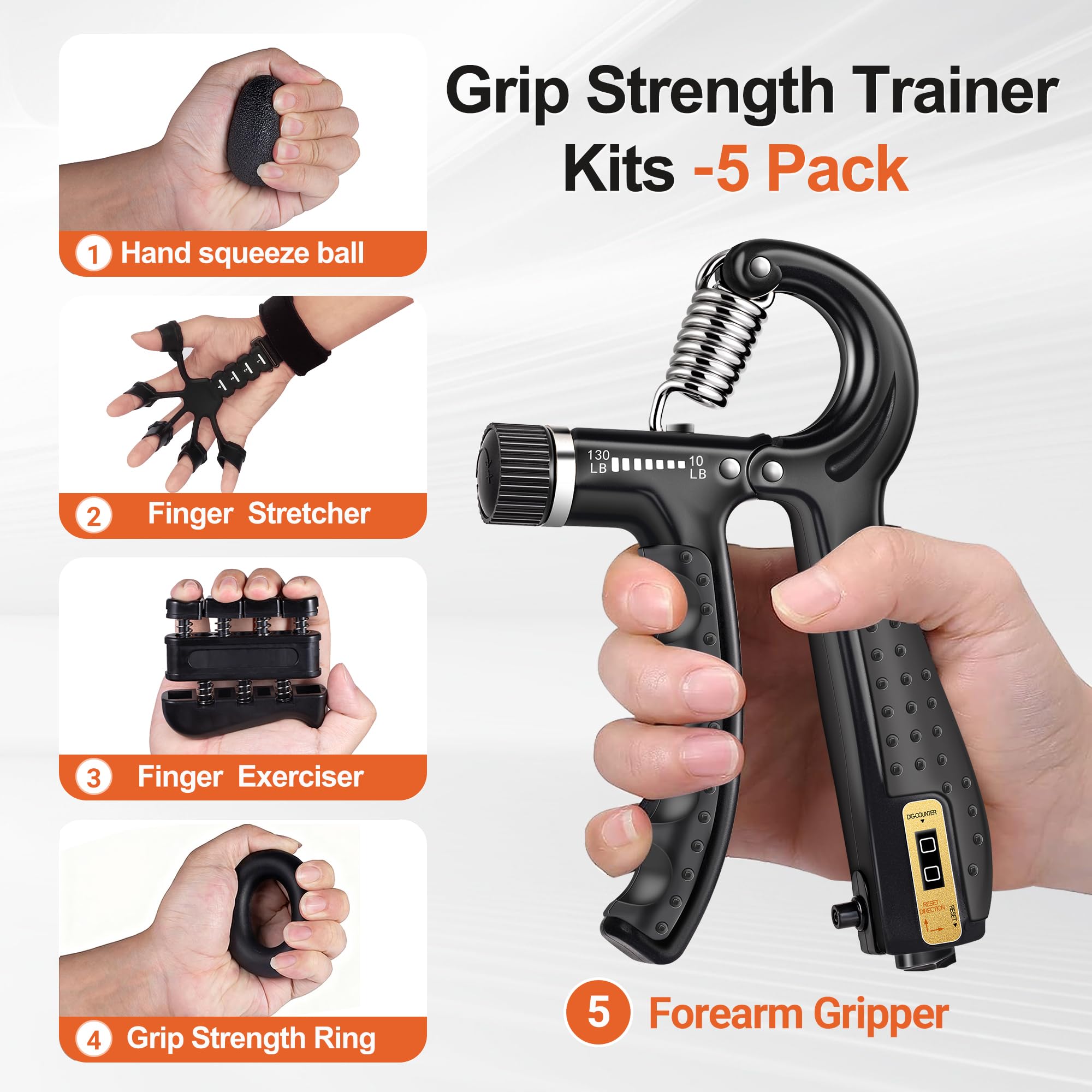 TADAKAZU Kit de entrenamiento de fuerza de agarre (paquete de 5) agarre de mano de resistencia ajustable, ejercitador de dedos, ejercitador de extensión de mano, bola de alivio del estrés y anillo de