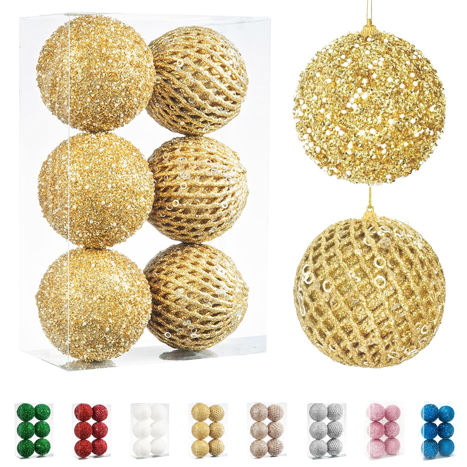 Fassory Gold 6Pcs 10Cm Christmas Baubles Large Xmas Balls Hanging Ornaments For Christmas Tree Decorations (, 10Cm)