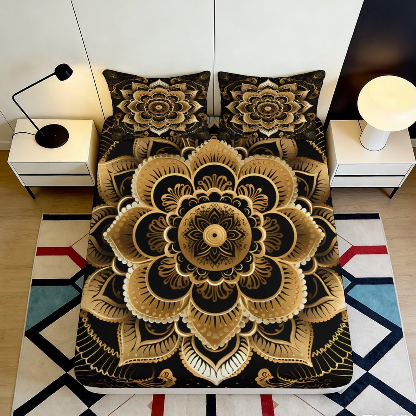3D Printed Mandala Flower Fitted Sheet Microfiber Gold Black Boho Lotus Bed Cover for Bedroom Dorm Mattress Decor 160x200x25cm