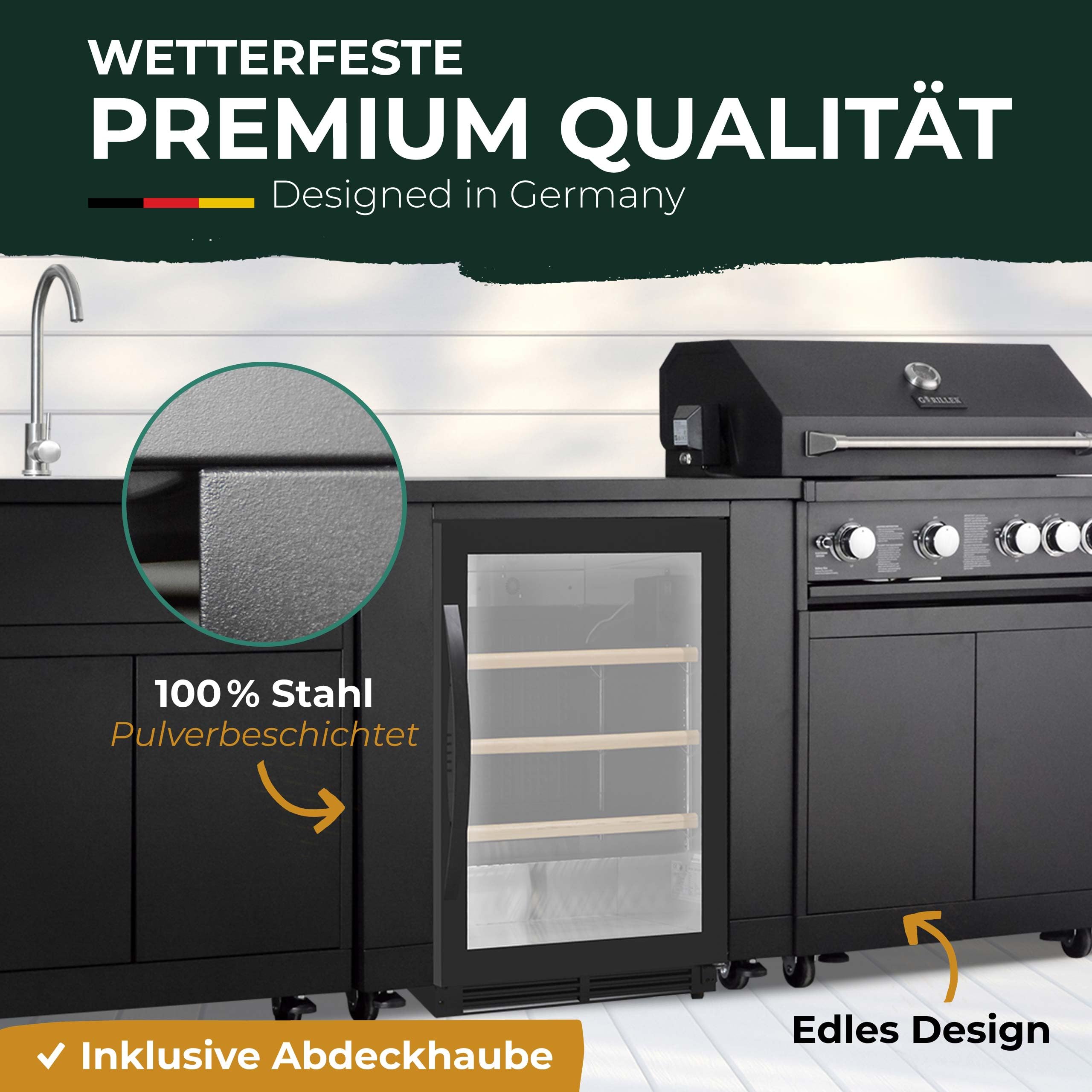 Serie BBQTitan 292x66x129cm 4 fuochi + fornello posteriore (incl. girarrosto, illuminazione interna e copertura)