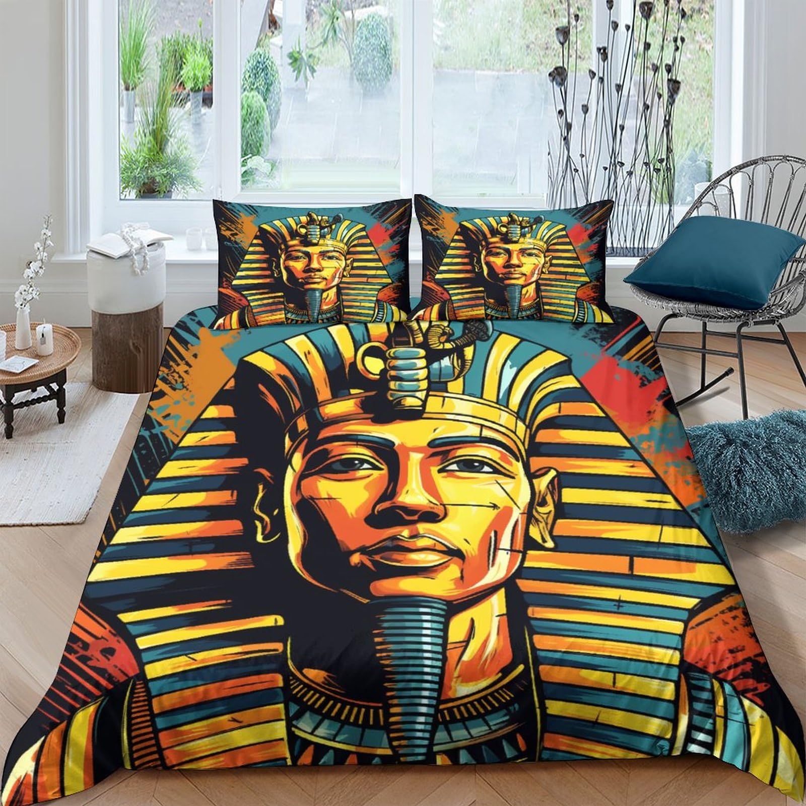 Essahi Style-2 Egyptian Pharaoh Bedding 3D Printed Duvet Cover Set Skin Friendly Egyptian Totem Quilt Cover With Pillowcases Comforter Cover 3 Pieces For Childrens And Adults Double（200X200cm）