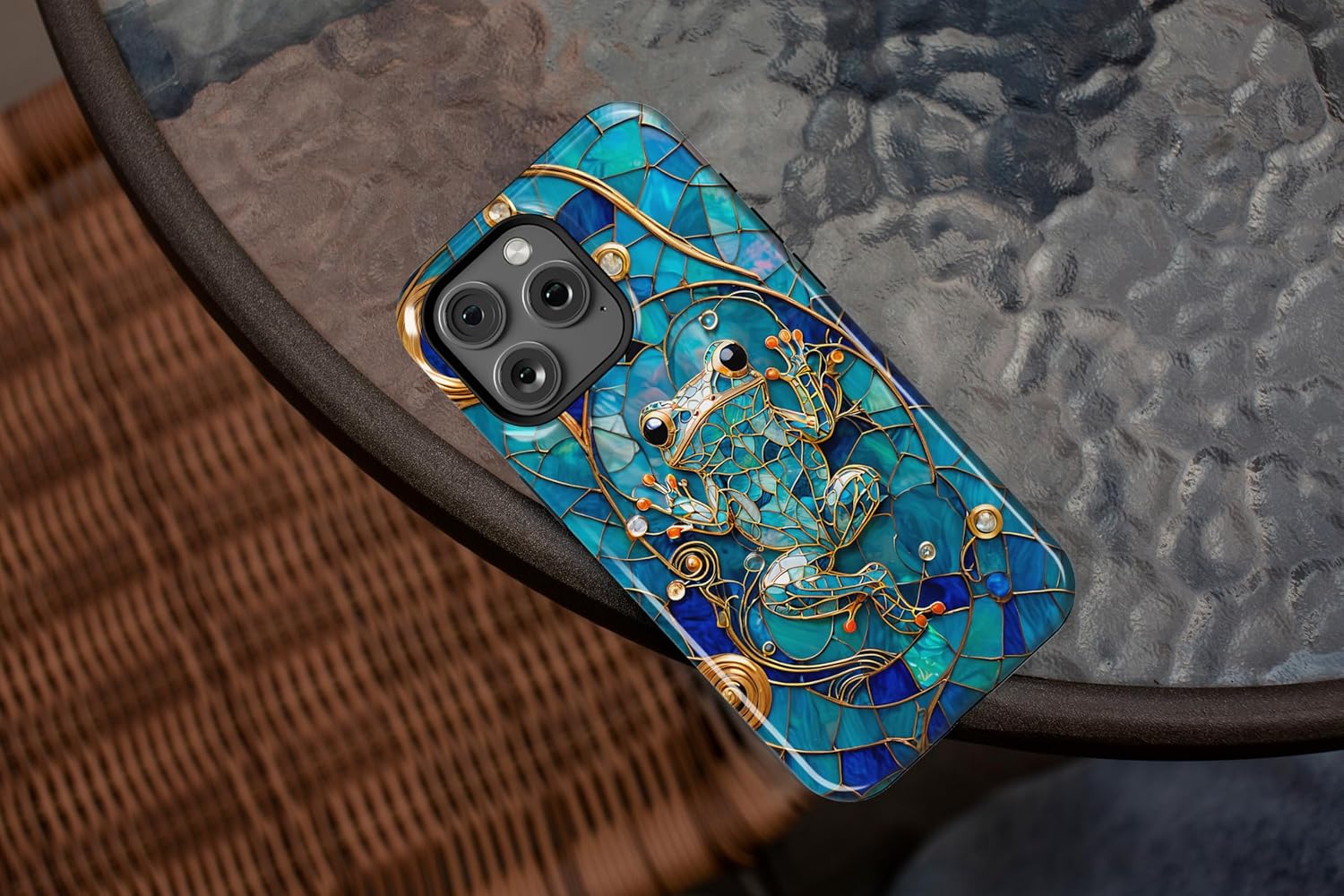 for iPhone 16,15,14,13,12 Plus Pro Max Mini Phone Case | Stained Glass Animals | MagSafe Compatible | Hard Outer Shell with Shock Absorbent Inner Layer (Blue Frog)