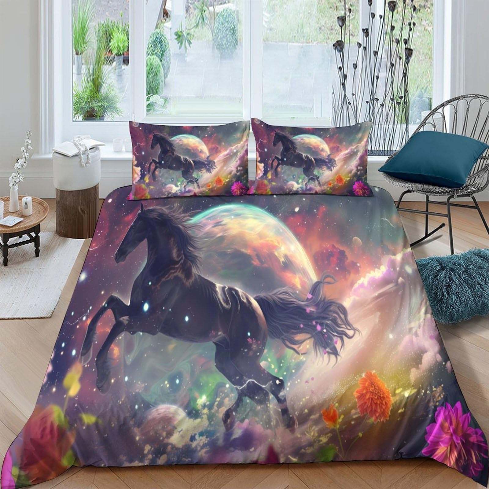 Ctjqhvkz Style-1 3D Printed Fantasy Horse Fitted Sheet Microfiber Soft Space Planet Mattress Cover For Bedroom Guestroom Dorm Decor Single（135X200cm）