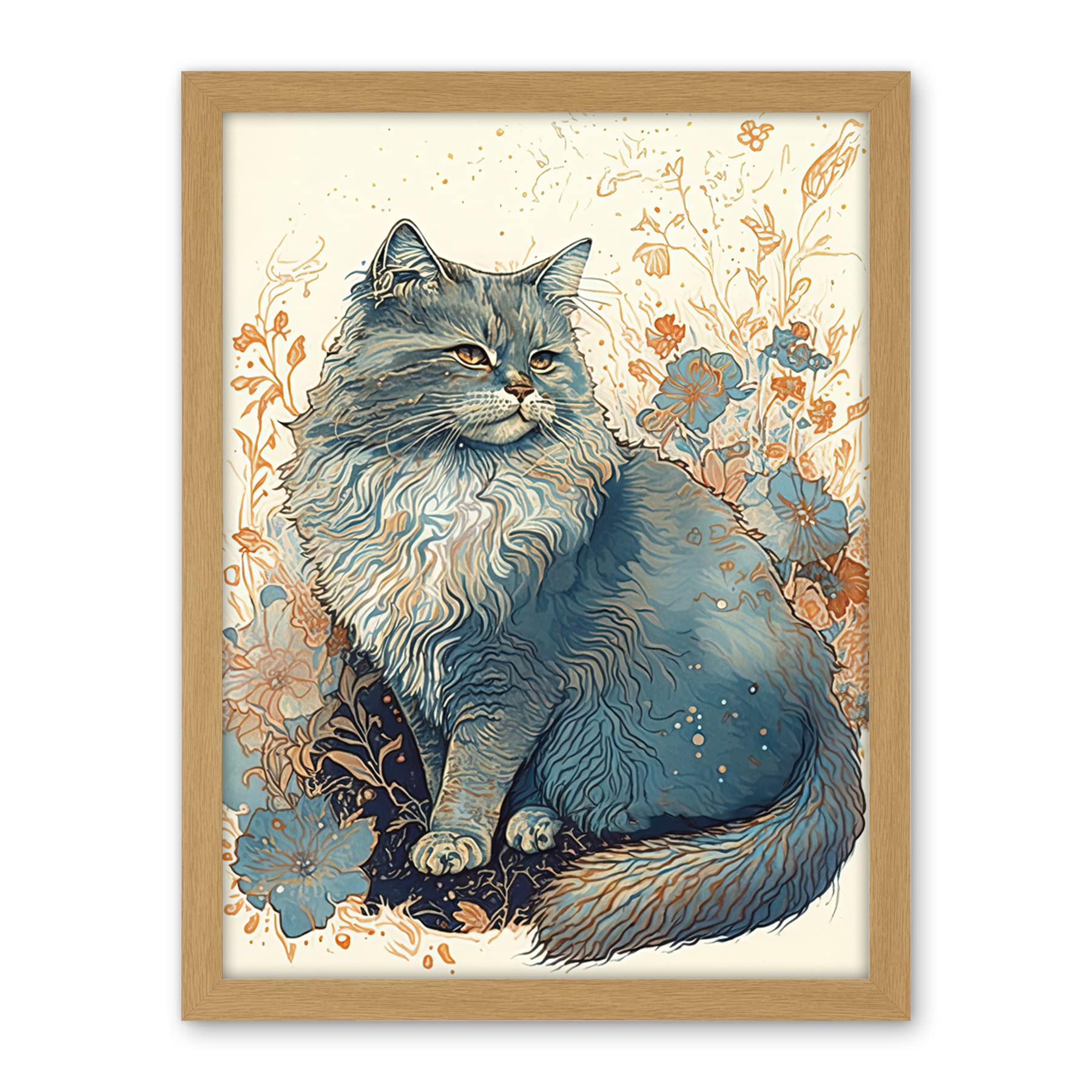 Artery8 Fluffy Cat in Wildflowers Teal and Orange Watercolour Illustration Artwork Framed Wall Art Print 18X24 Inch