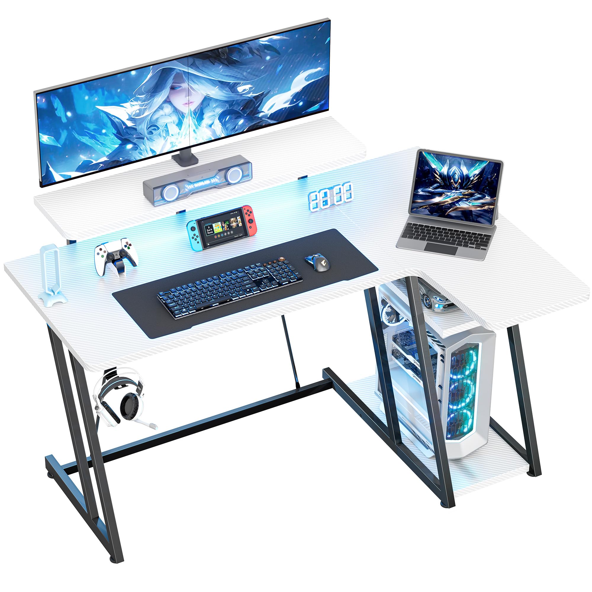 HOMIDEC Gaming Desk with LED Lights, 120CM Computer Desk with Monitor Stand, L Shaped Corner Desk with Headphone Hook and Shelves for Gaming Room, Bedroom, Office, White