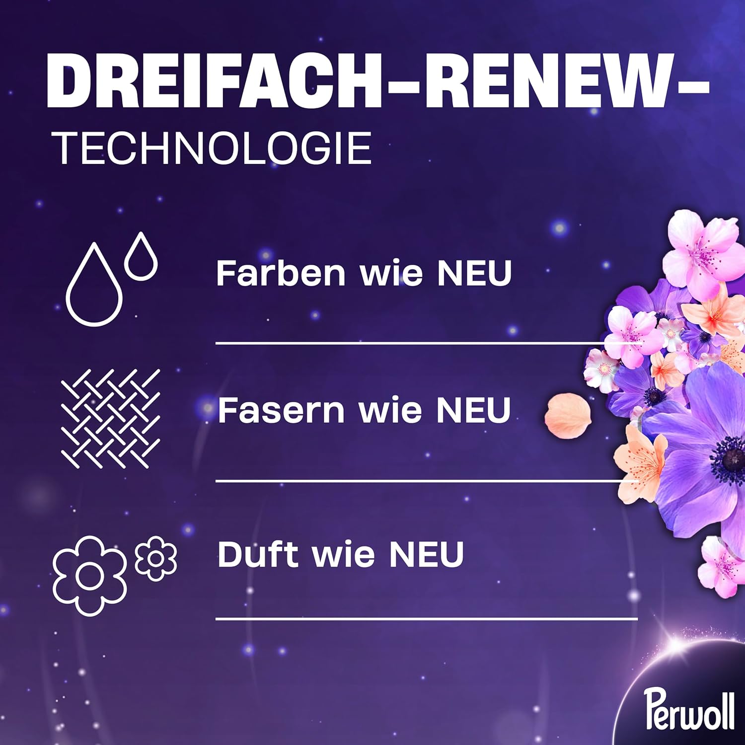 Perwoll Renew Sea of Flowers Detergent (1x 27 Wash Loads), Mild Deetergent Gently Cleanses and Renews Dark Colors and Fibers | With Triple-Renew Technology and Tempting Fragrance