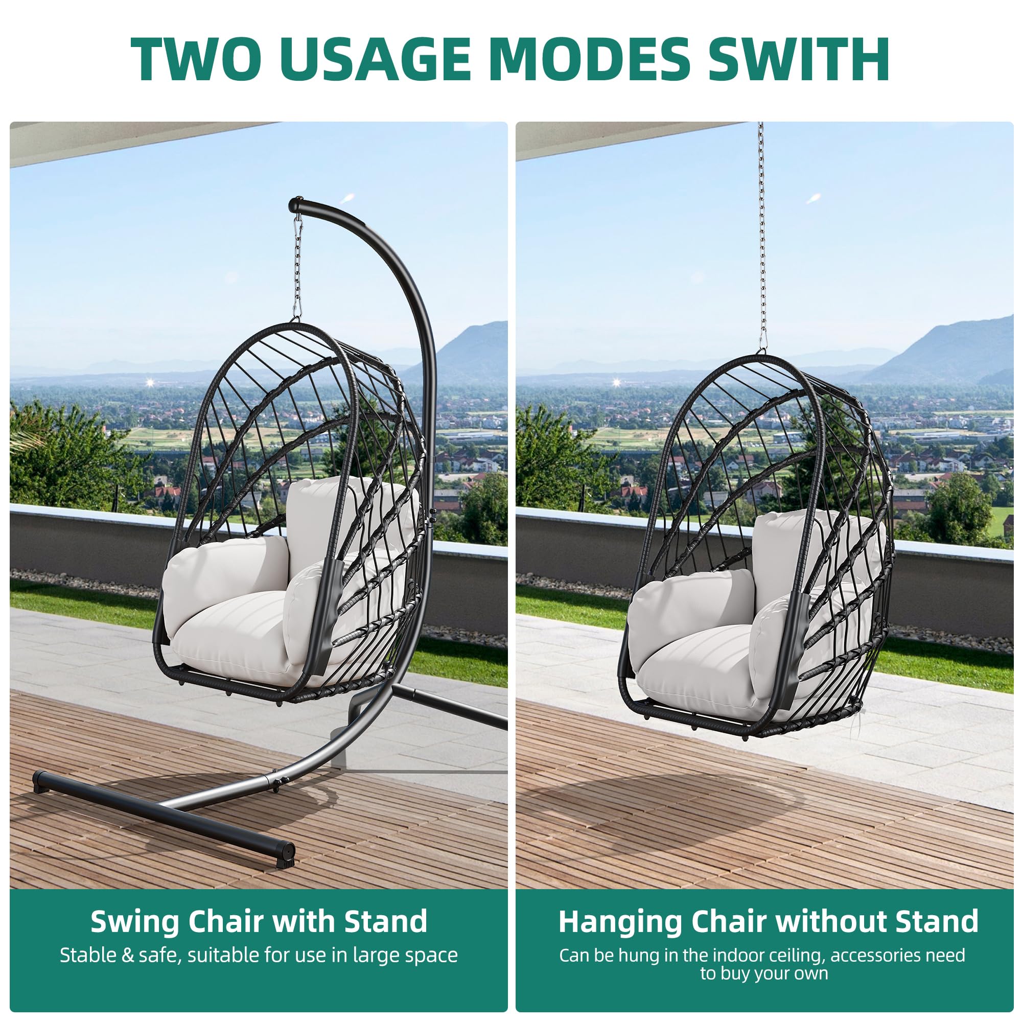 YITAHOME Hängesessel mit Ständer, Rattan-Korb Schaukelstuhl mit strapazierfähiger Polsterung, 160 kg Tragfähigkeit, Klappbarer Hänge-Korbstuhl für Terrasse, Garten, Schlafzimmer, Balkon (Grau)