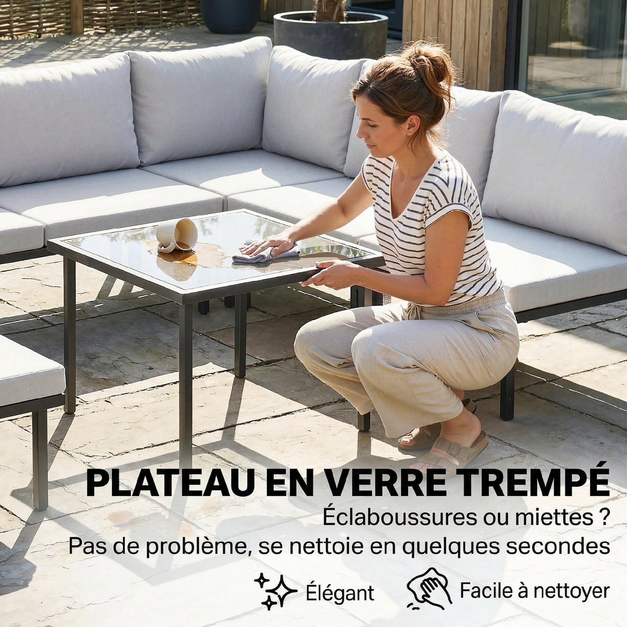 Outsunny Salon de Jardin Extérieur d'angle Modulable 6 Personnes Gris Clair