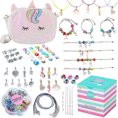 MODDA Kit de fabricación de pulseras con dije de unicornio con bolsa de unicornio, dijes, cuentas, kit de fabricación de joyas para niñas, MODDA Kit de fabricación de pulseras con dije de unicornio con bolsa de unicornio, dijes, cuentas, kit de fabricación de joyas para niñas,