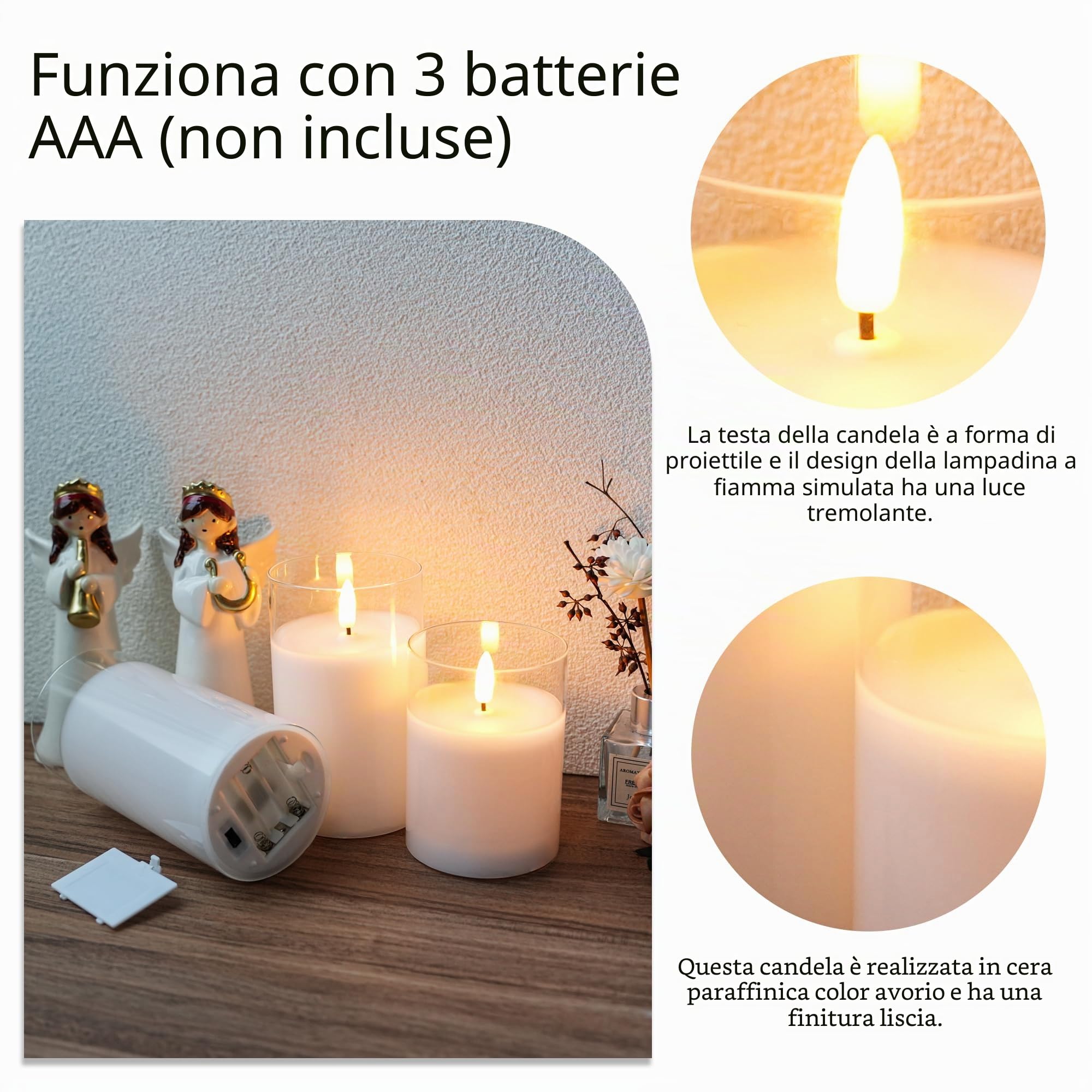 JHY DESIGN Candele LED senza fiamma in vetro, Set da 3, Fluttuanti, con timer di 6 ore, telecomando, per matrimonio, soggiorno (Testa di fiamma)