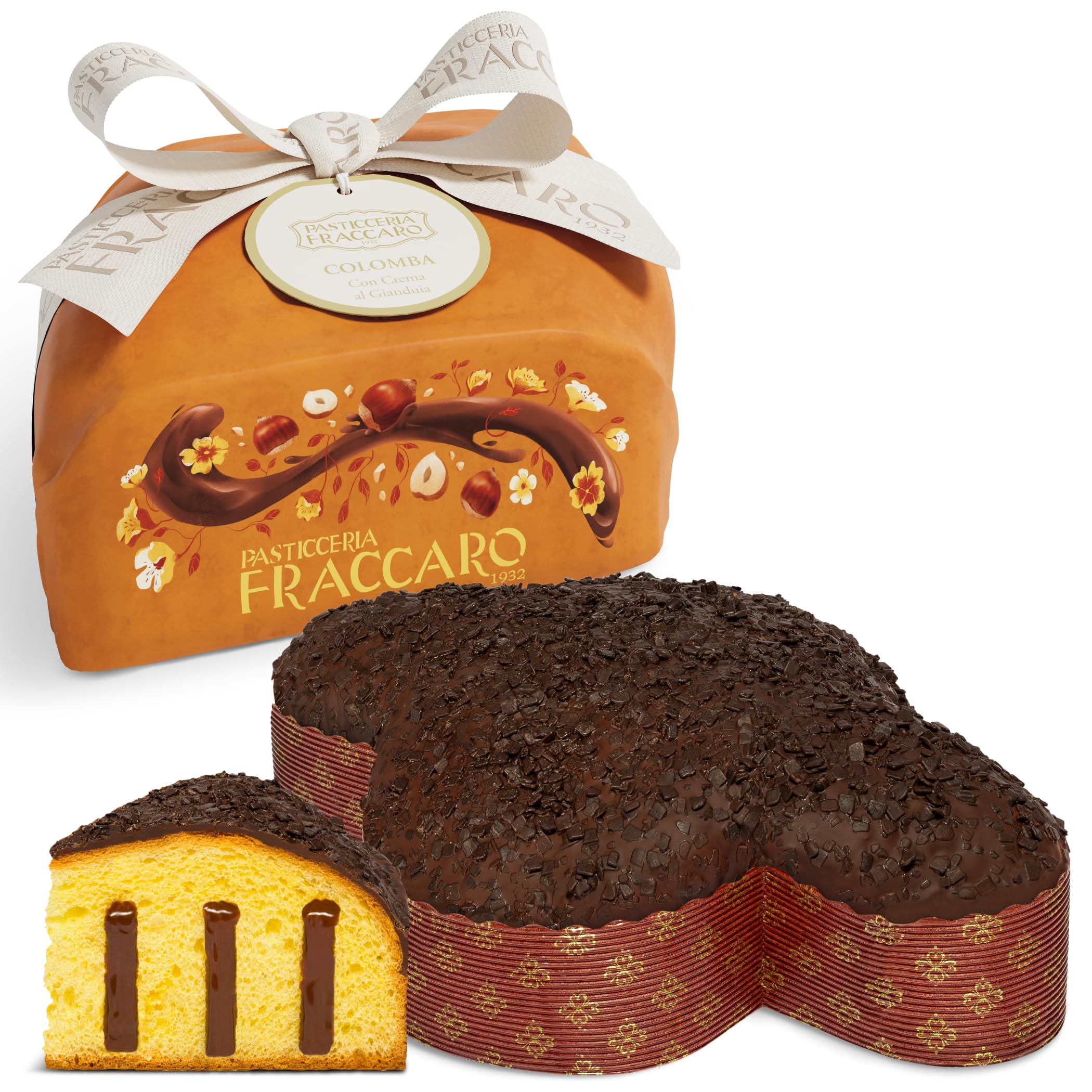Artisan Colomba gefüllt mit Gianduia-Creme, 750 gr - Pasticceria Fraccaro 1932, Osterkuchen mit Gianduia-Creme und Schokoladenglasur, ohne kandierte Früchte, natürlich gesäuert, Verpackungslinie
