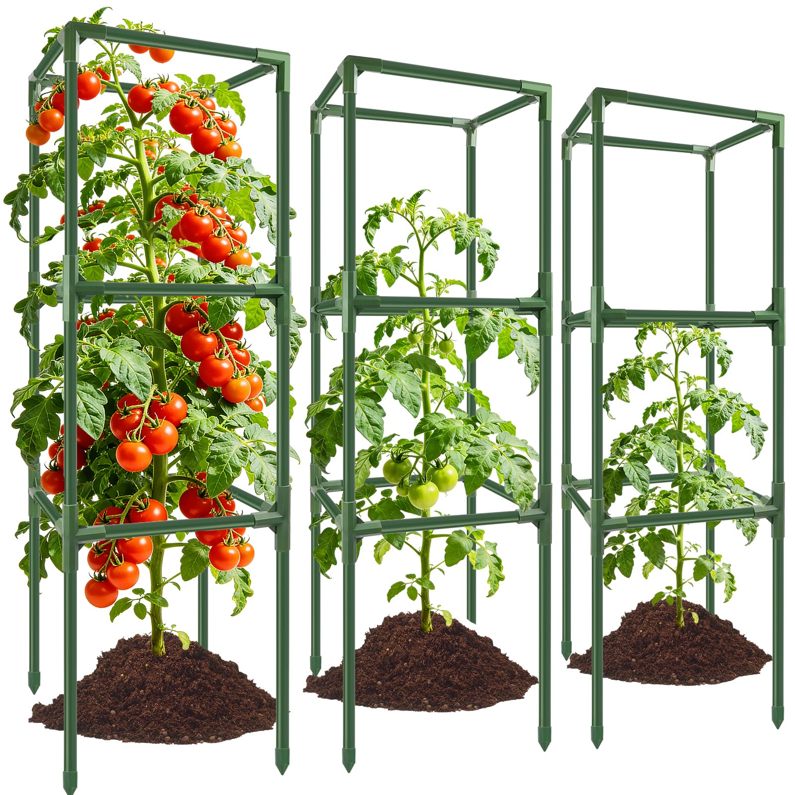 3 Pack Square Tomato Cages, 49'' Tall Heavy Duty Steel Tomato Trellis Kit for Garden, Plant Support Tower Stakes Cucumber Pepper Trellis for Climbing Vegetable Flowers