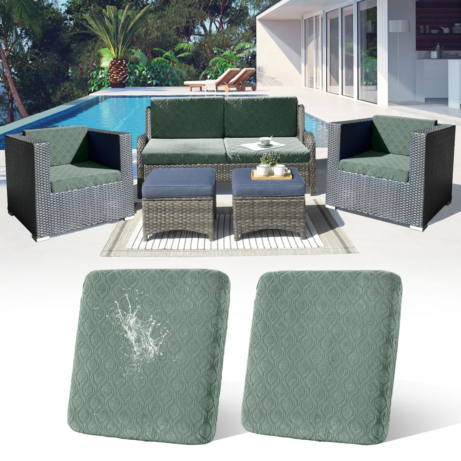 LiveGo Patio Stretch Sofa Cushion Cover Outdoor Cushion Cover Replacement Patio Furniture Cushions Couch Slipcovers Chair Seat Cover Soft Flexibility Protector (2, Bean green) — image 1