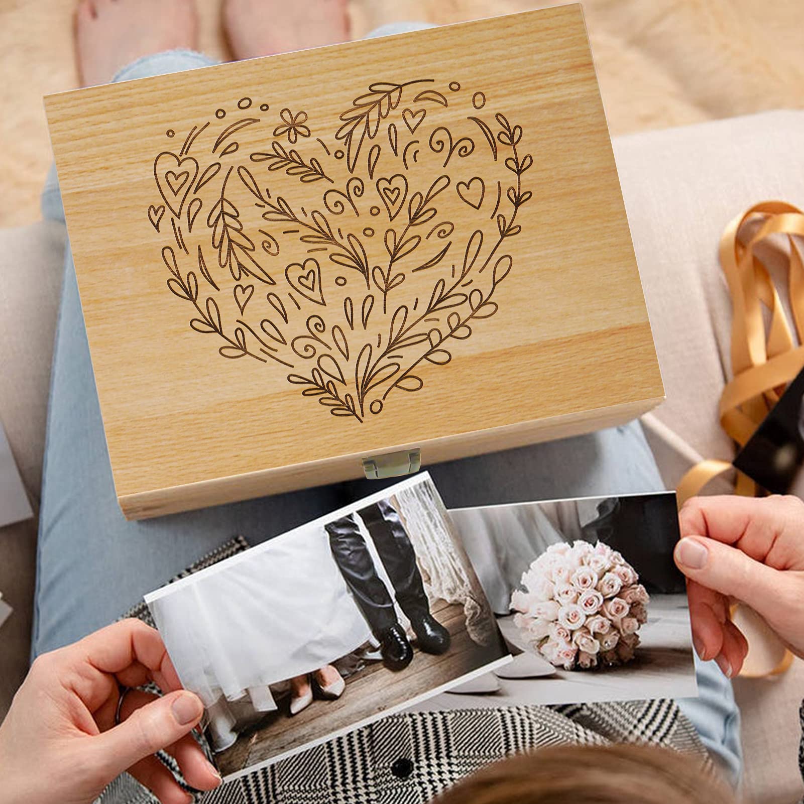 EXISTING Caja de recuerdos para recuerdos, caja de almacenamiento de madera cortada con láser con tapa con bisagras, cajas grandes de recuerdo, almacena joyas, juguetes, fotos y recuerdos en una caja