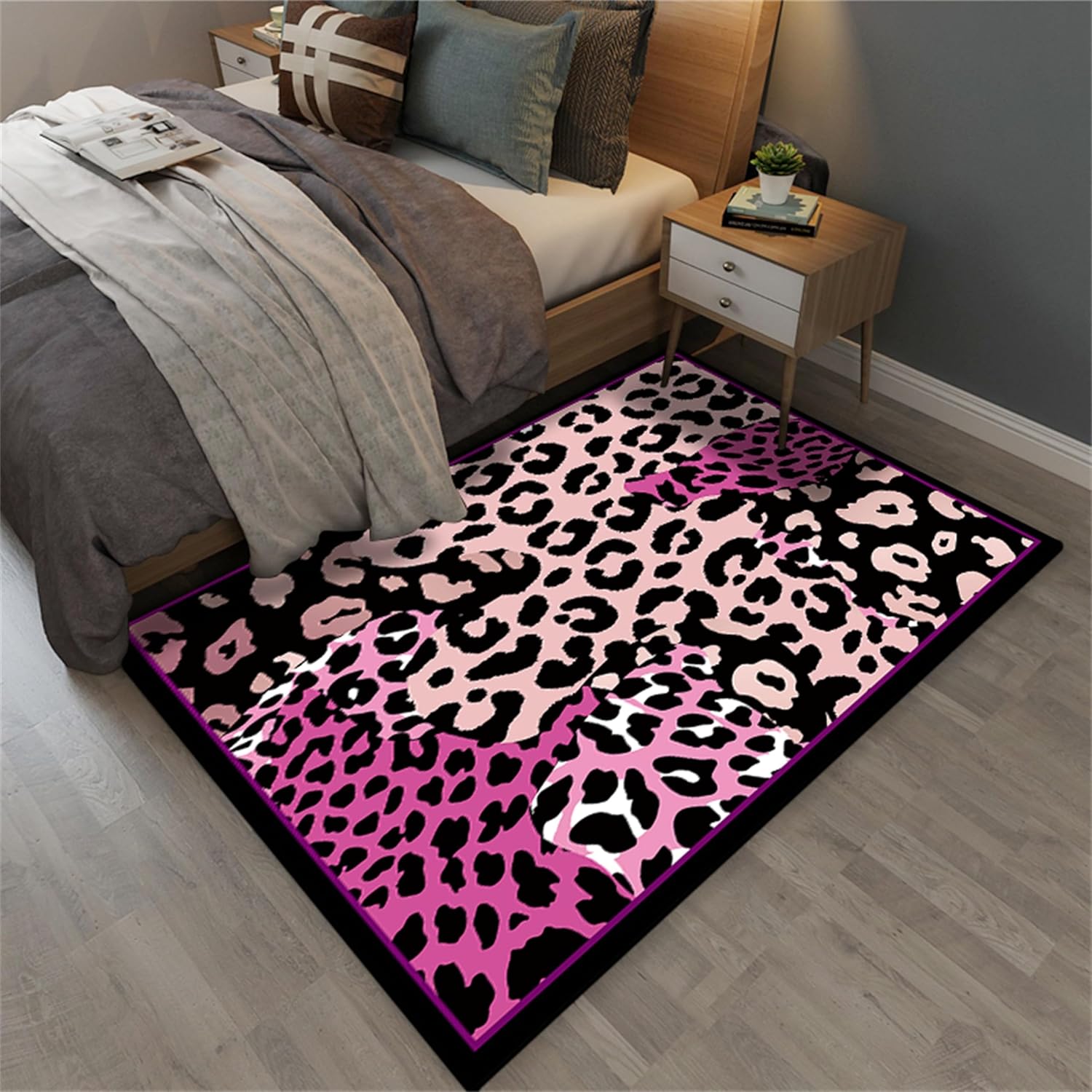 Pink Leopard Rug 2x3ft - Cute Animal Print Soft Low Pile Rug for Girls Room and Dorm, Non-Slip Backing, Machine Washable, Bohemian Decor for Bedroom Living Room, Playroom Jungle Floor Mat