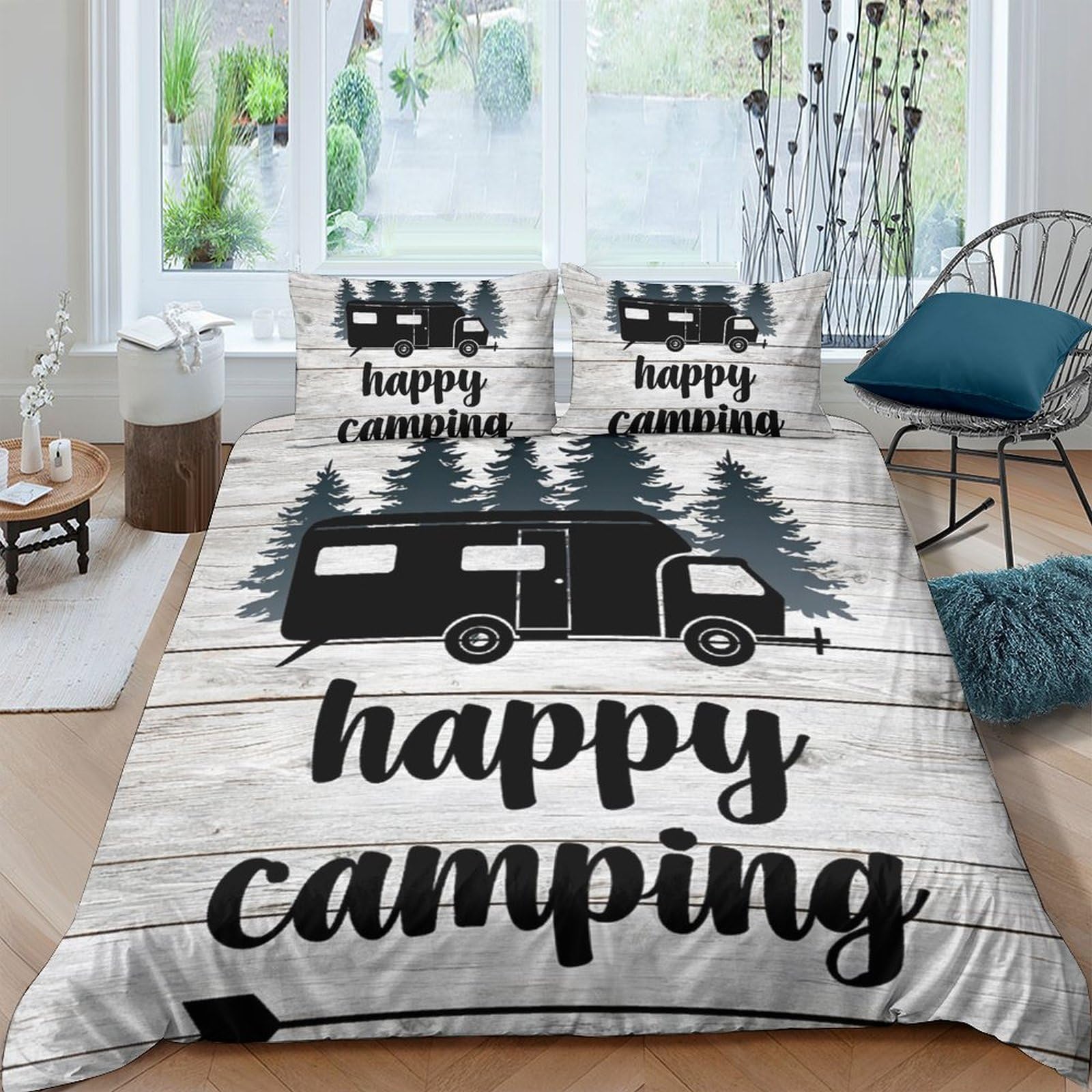 GPLZQXKJNH 3D Printed Happy Camping Duvet Cover Microfiber Soft Forest Caravan Bedding Set with 2 Pillowcases for Bedroom Single（135x200cm）