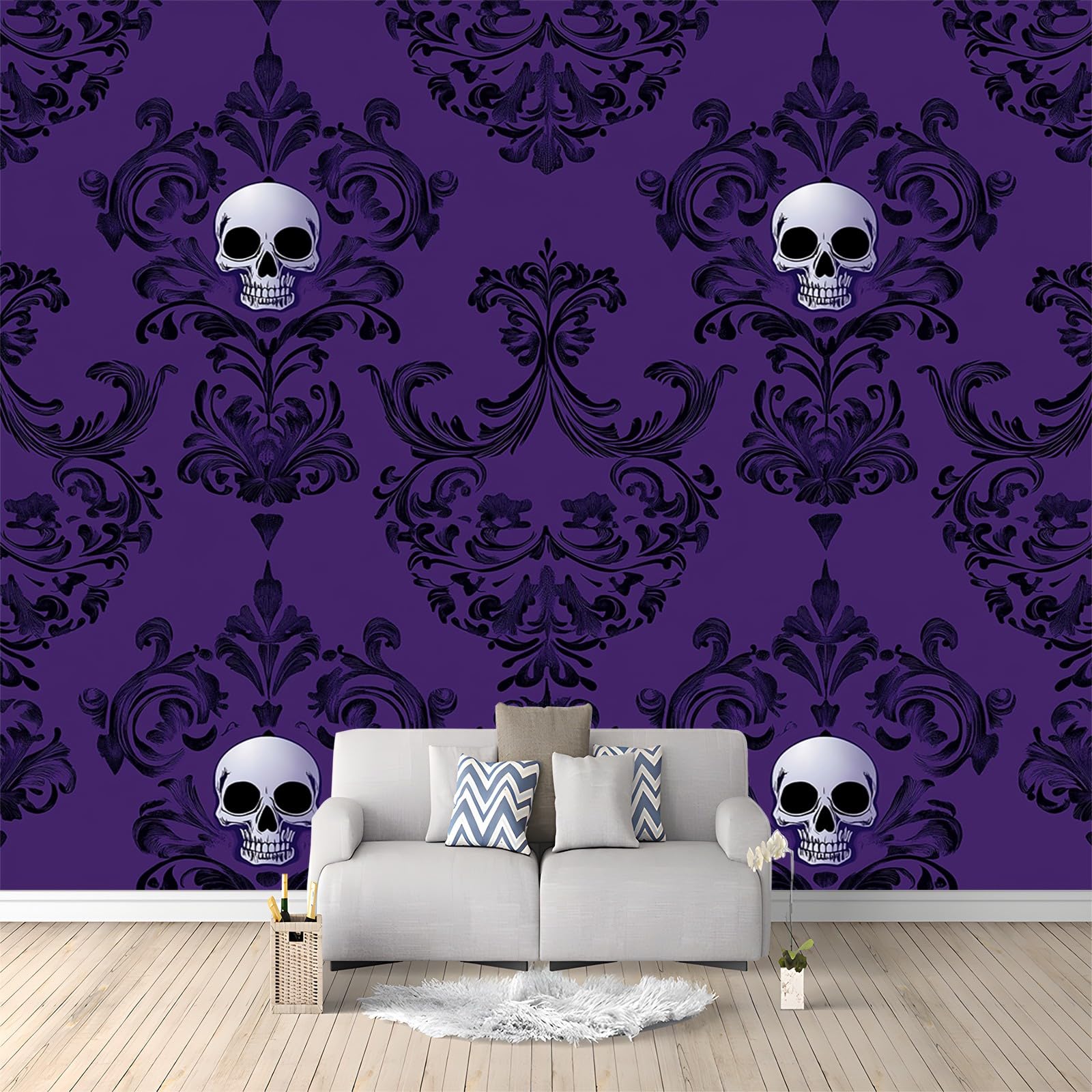 Panoramiczna tapeta z czaszką gotycki wzór fioletowy biały 200 x 140 cm (szer. x wys.), tapeta 3D duże ściany plakat do salonu, pokoju dziecięcego dla dorosłych tapeta z włókniny do sypialni