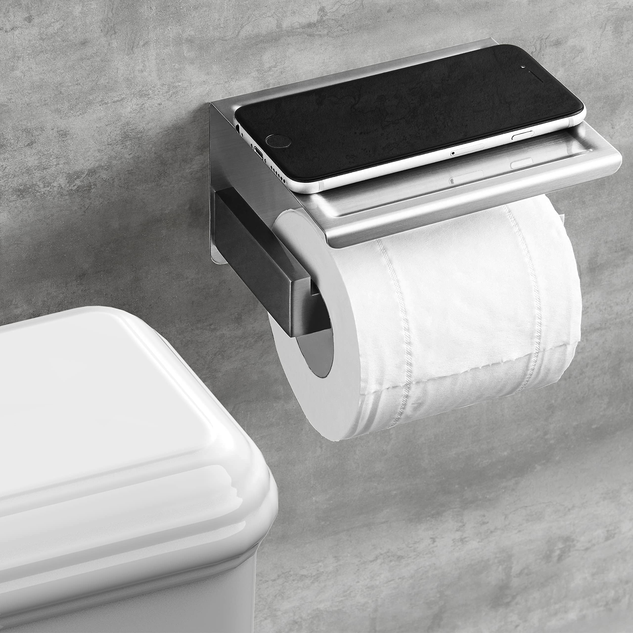 HITSLAM Porta Rotolo Carta Igienica da Parete con Porta Cellulare Senza Foratura Portarotolo Carta Igienica Adesivo Acciaio Inox Portacartaigienica per Gabinetto Bagno - Acciaio Spazzolato