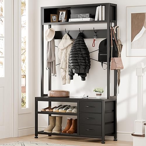 Miniatura 9 de Lulive Árbol de pasillo con banco y almacenamiento de zapatos, estante de almacenamiento para padres e hijos, 4 bolsillos laterales y 13 ganchos,