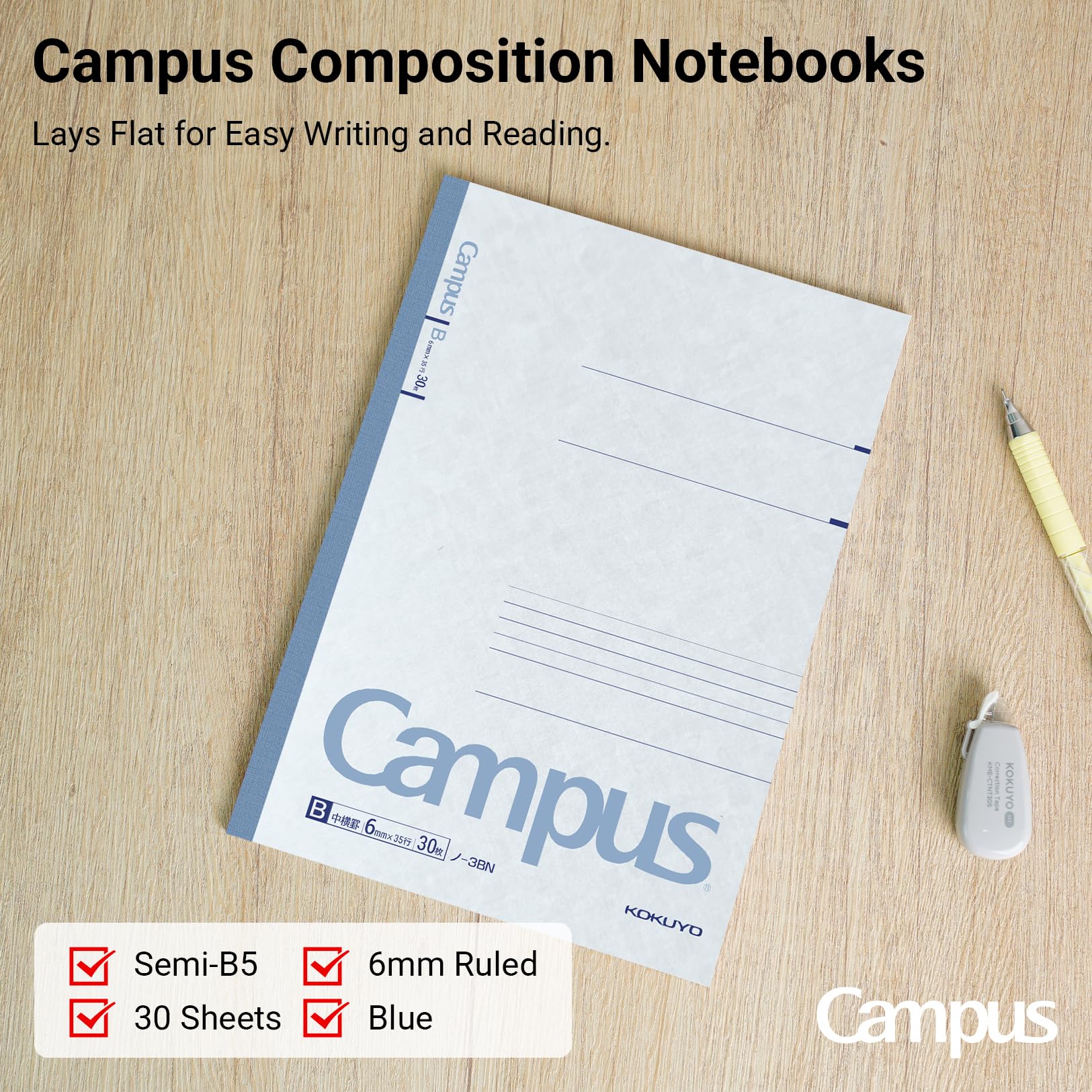 KOKUYO Campus (NO-3BNX10) Cuaderno B de 6 mm, a rayas, semi-B5, 30 hojas, 35 líneas, azul, paquete de 10