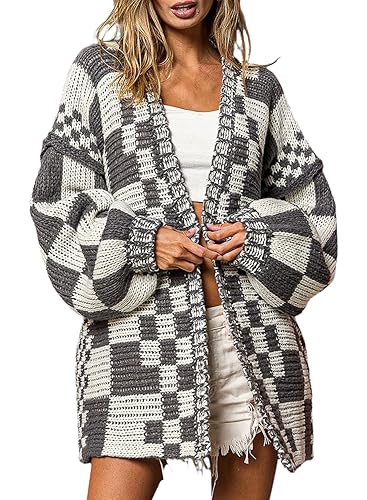 SELINK Women's Cardigan Sweater Vintage Open Front Mixed Checkered Pattern