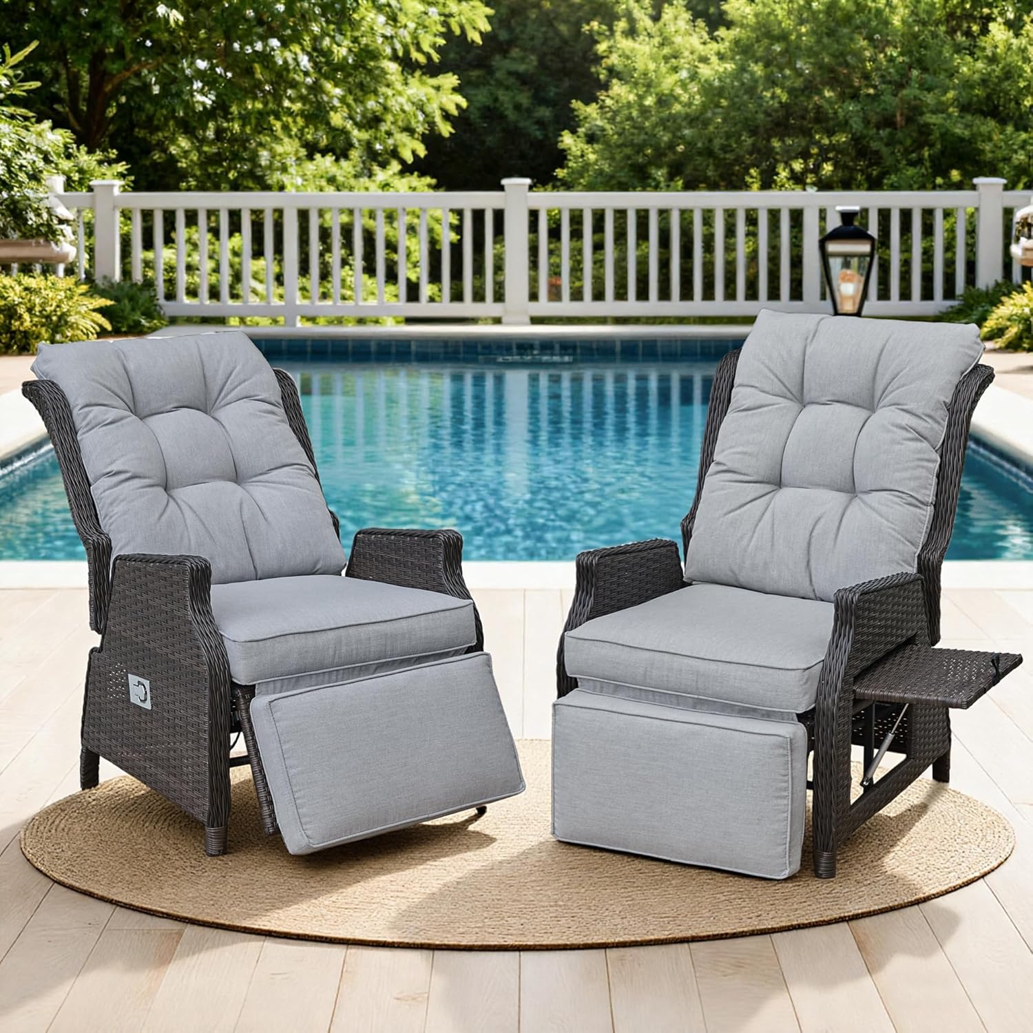 Outdoor Indoor Wicker Recliner with Adjustable Back and Footrest, Patio Reclining Chair with Flip-up Table, Outdoor Rattan Lounge Chair, Grey