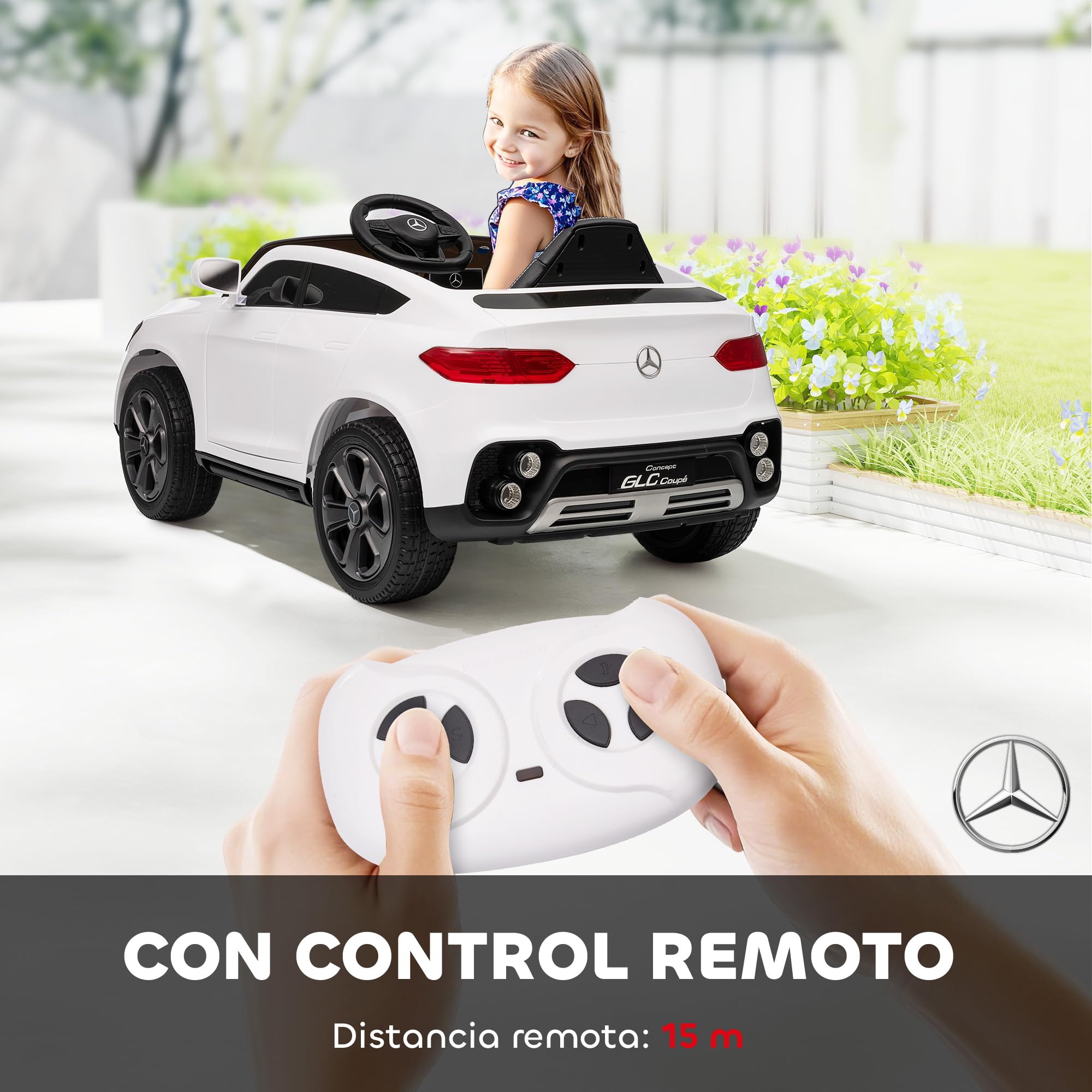 AIYAPLAY Coche Eléctrico para Niños Mercedes-Benz GLC, Coupé Coche de Batería 12V con Mando a Distancia 2,4 G Motor Doble Arranque Progresivo 3–5 km/h Uso 80 Min MP3 Bocina y Faros LED 3-6 Años Blanco — view 4
