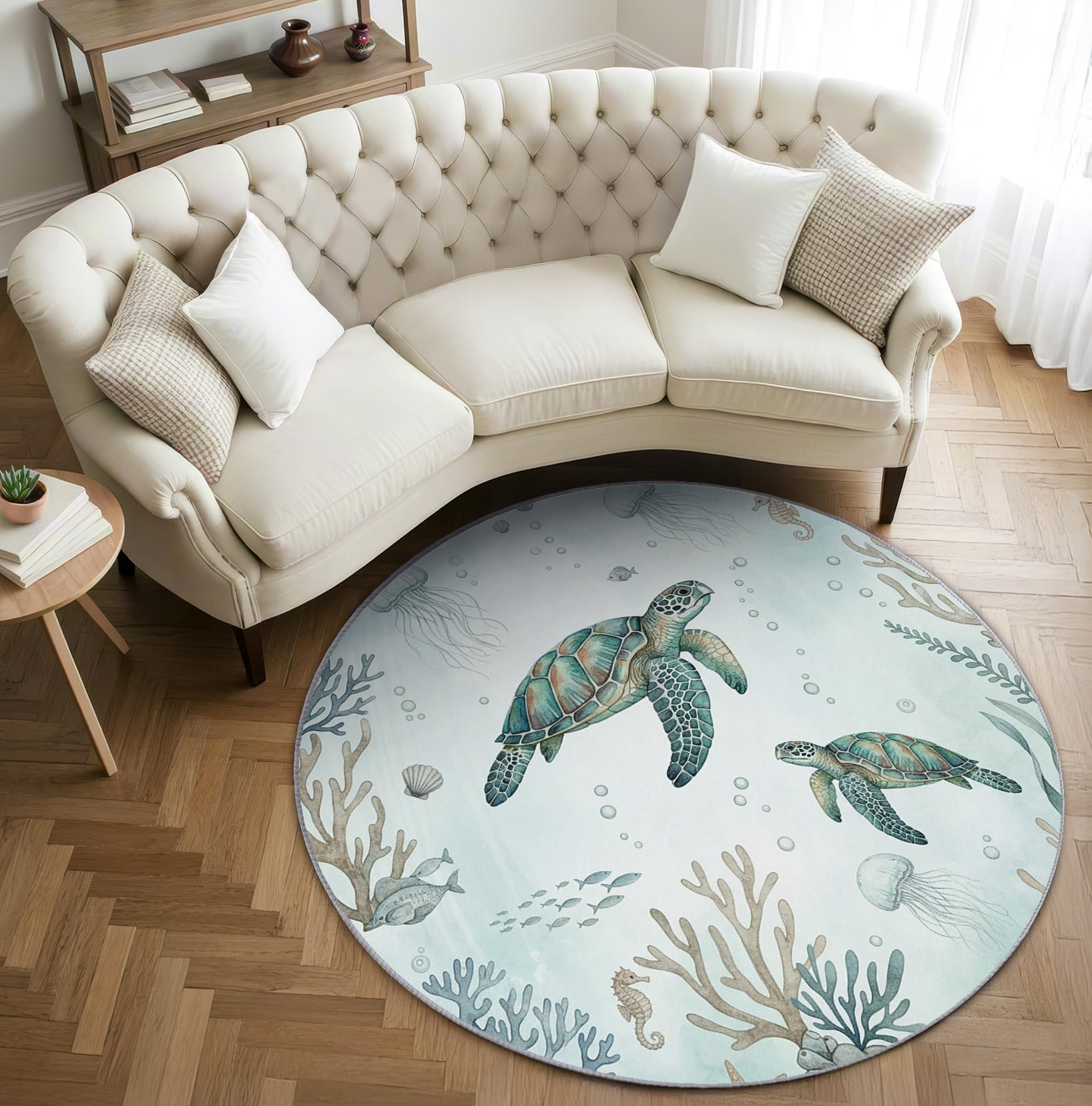 Schildkröte Teppich Rund 120cm Kurzflor - Waschbare Teppiche Wohnzimmer Meerestiere Koralle Ozean Thema - Runder Teppich 120 Durchmesser Kinderzimmer - Bettvorleger rutschfest Weich
