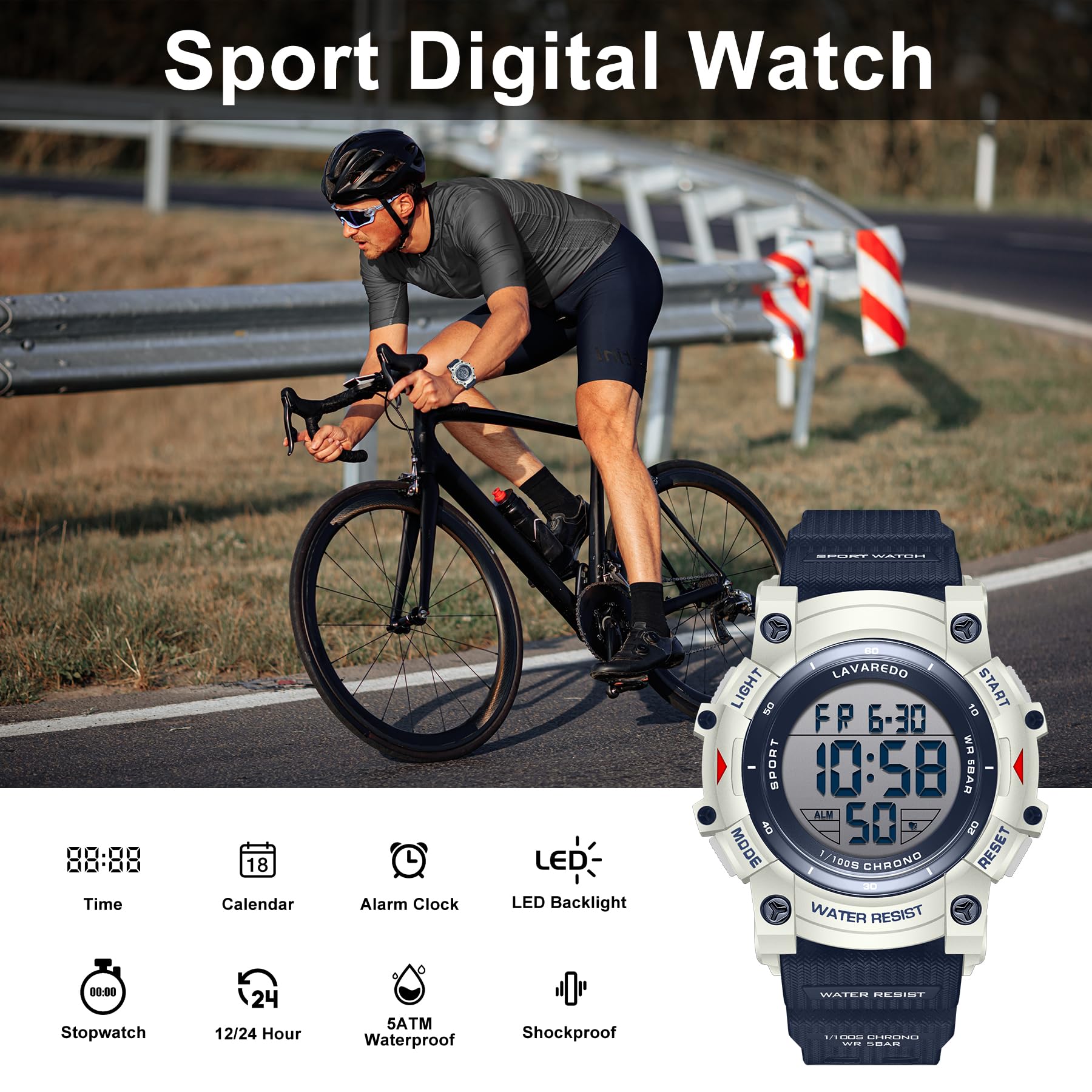 Reloj digital para hombre, deportivo, resistente al agua, para hombre, con retroiluminación LED, alarma, cronómetro, cronómetro, cronógrafo digital, fecha militar, Azul marino 4