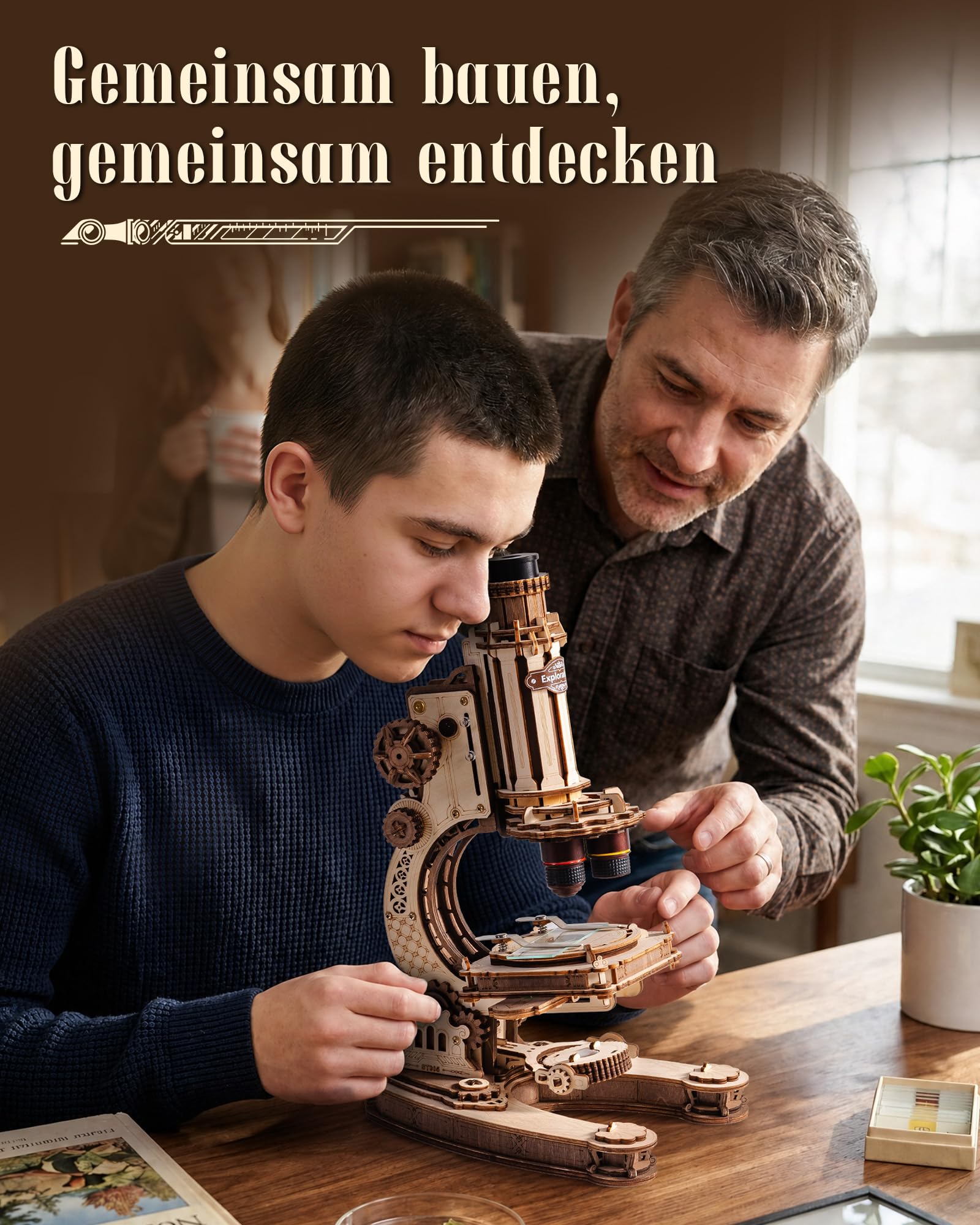 Robotime Mikroskop-Modellbausatz für Erwachsene, 260-teiliges 3D-Puzzle aus Holz mit 40x/100x/400-facher Vergrößerung, Arbeitswissenschaftsmodell für STEM-Lerner, mechanisches Display, Geschenk für